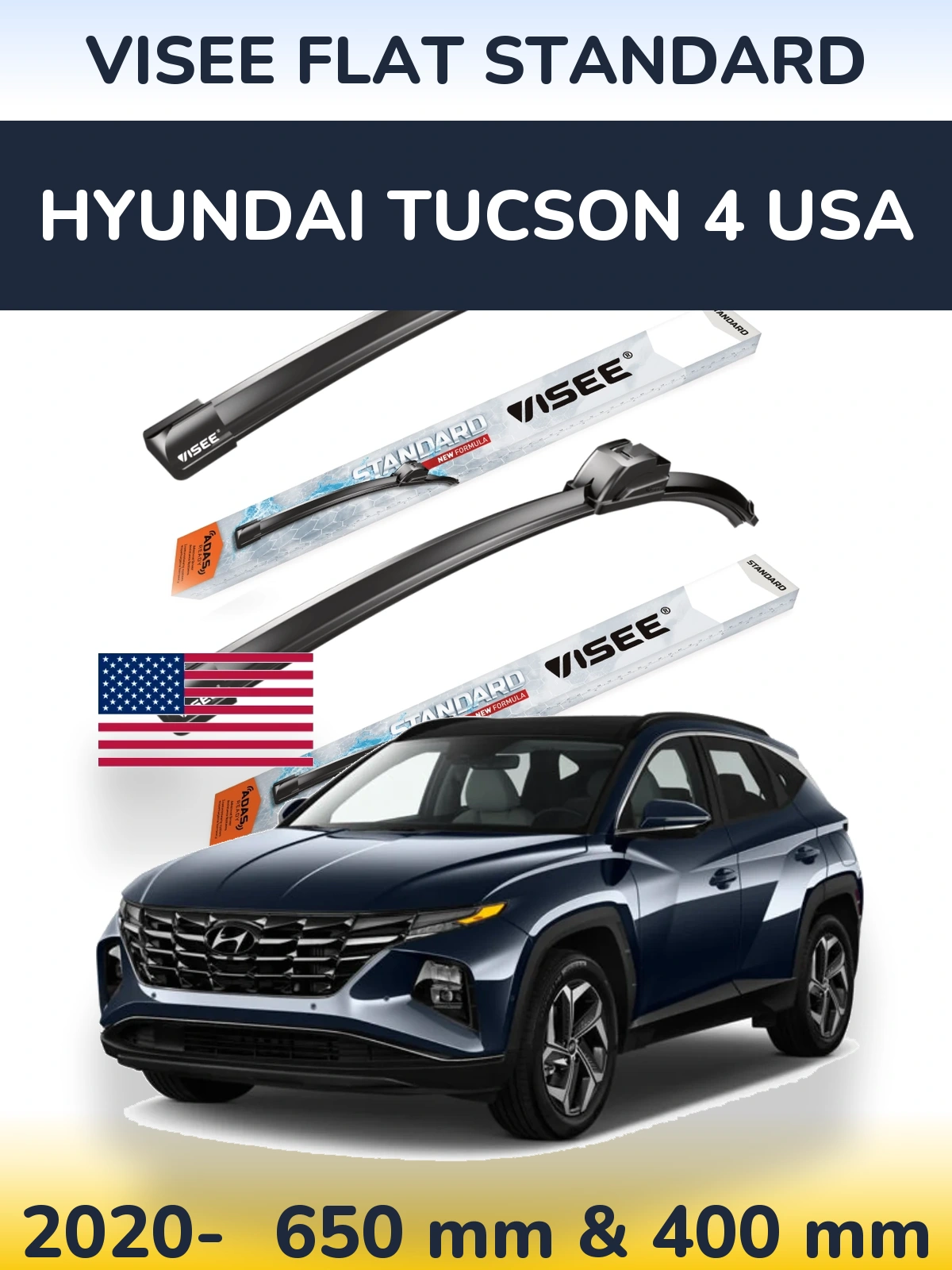 Комплект передних дворников VISEE FLAT STANDARD 650 & 400 мм для Hyundai Tucson 4 USA 2020-2026