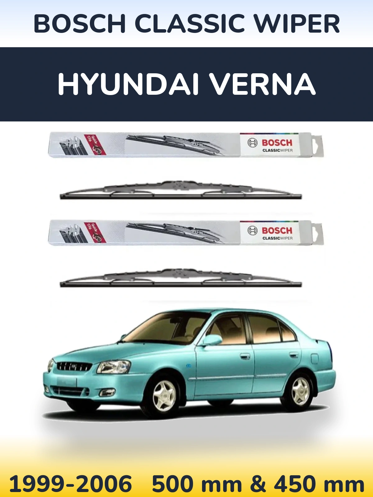 Front wiper blade set BOSCH Classic Wiper 500 & 450 mm for Hyundai Verna 1999-2006