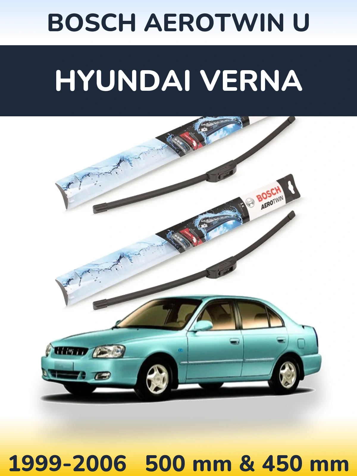 Комплект передних дворников BOSCH AeroTwin U 500 & 450 мм для Hyundai Verna 1999-2006