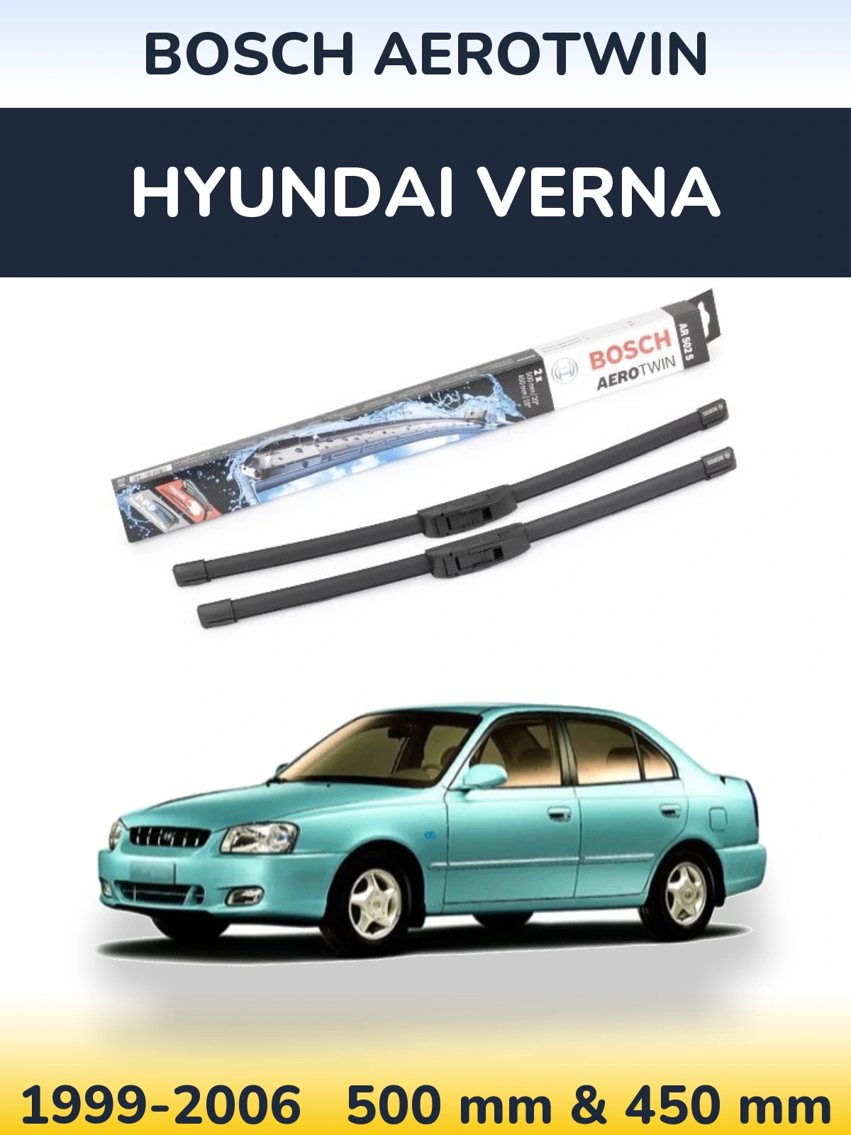 Комплект передних дворников BOSCH AeroTwin 500 & 450 мм для Hyundai Verna 1999-2006