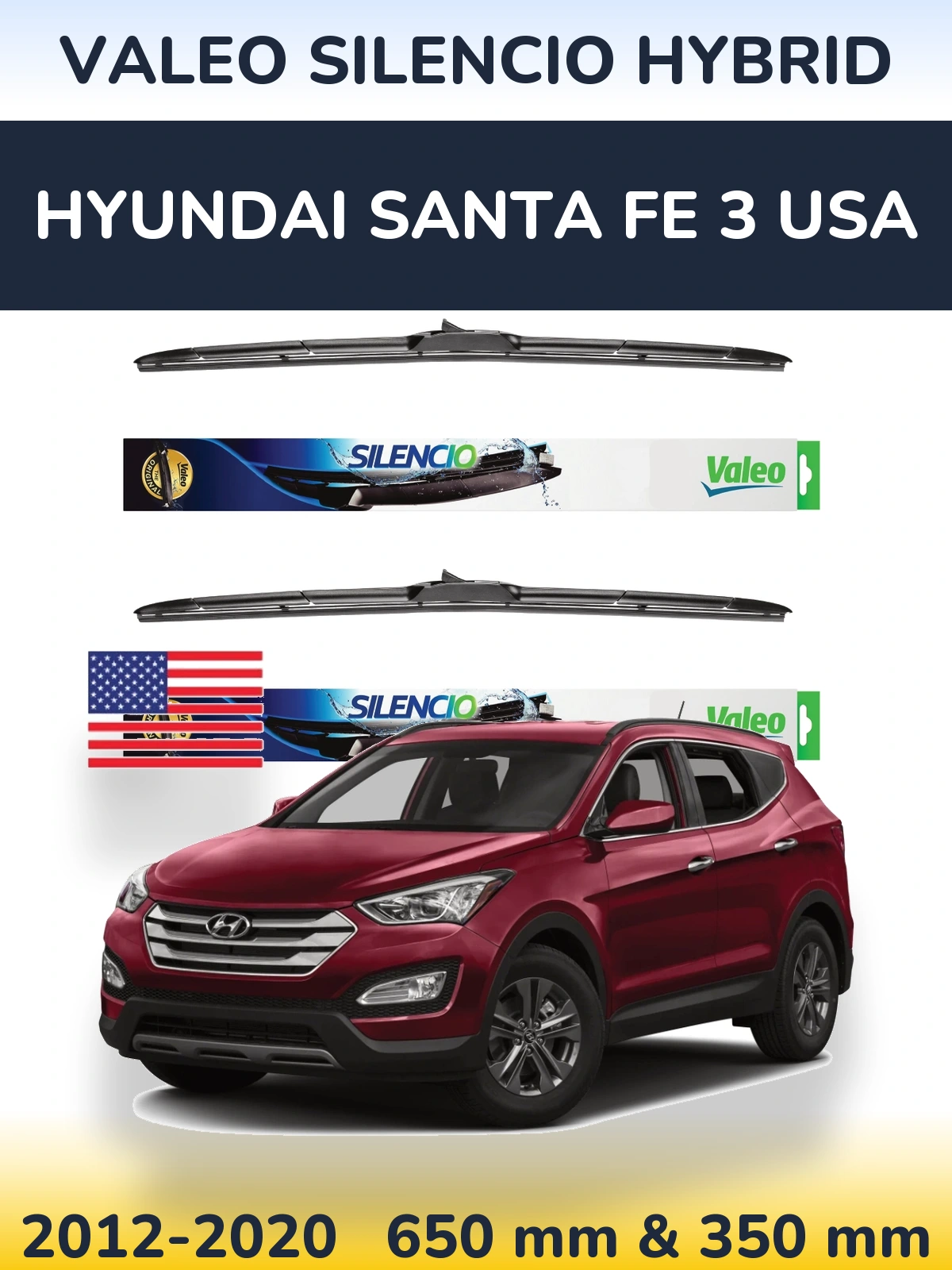Комплект передних дворников Valeo Silencio Hybrid 650 & 350 мм для Hyundai Santa Fe 3 USA 2012-2020