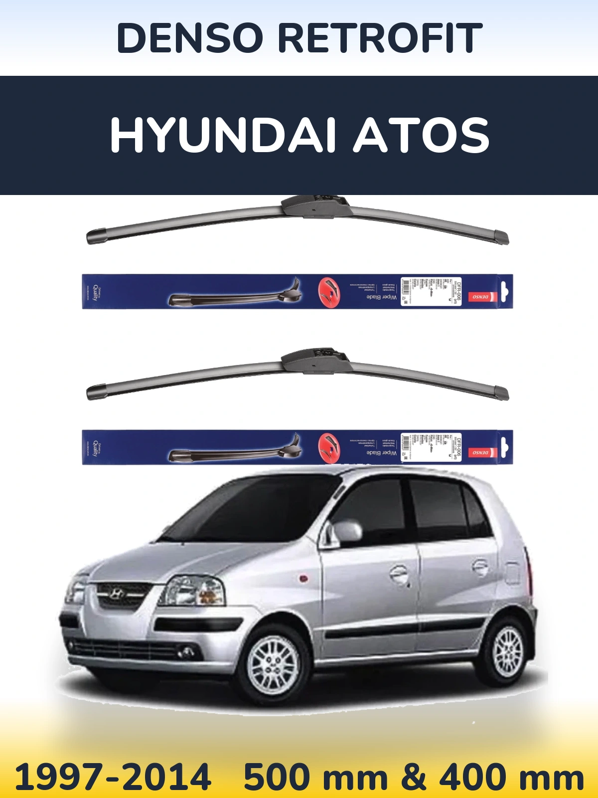 Front wiper blade set Denso Retrofit 500 & 400 mm for Hyundai Atos 1997-2014