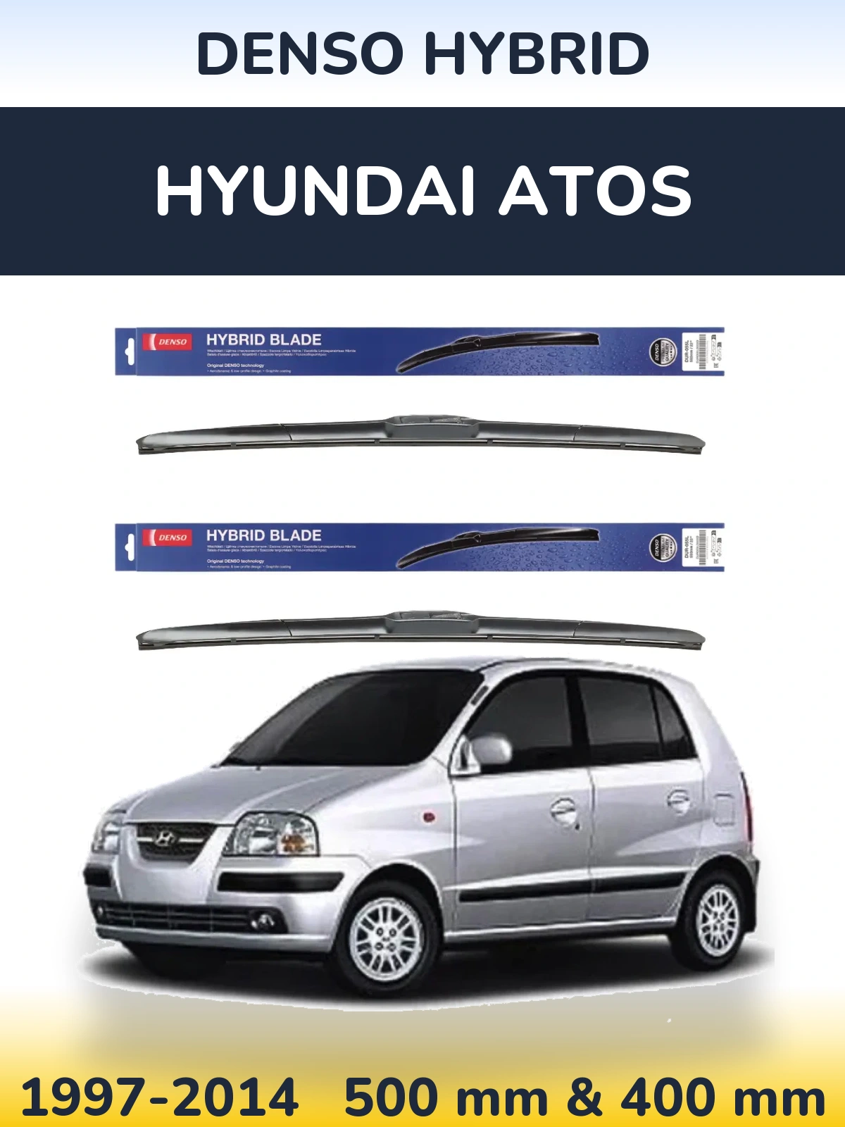 Front wiper blade set Denso Hybrid 500 & 400 mm for Hyundai Atos 1997-2014