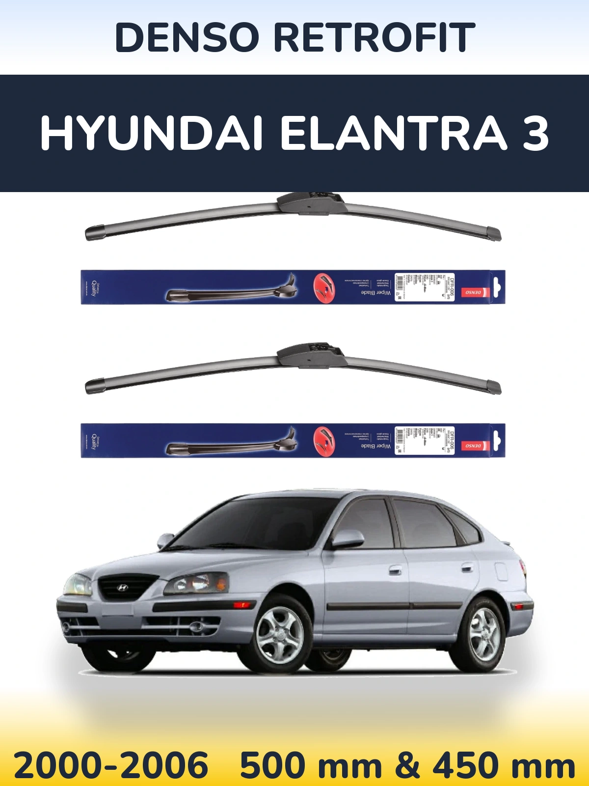 Front wiper blade set Denso Retrofit 500 & 450 mm for Hyundai Elantra 3 2000-2006