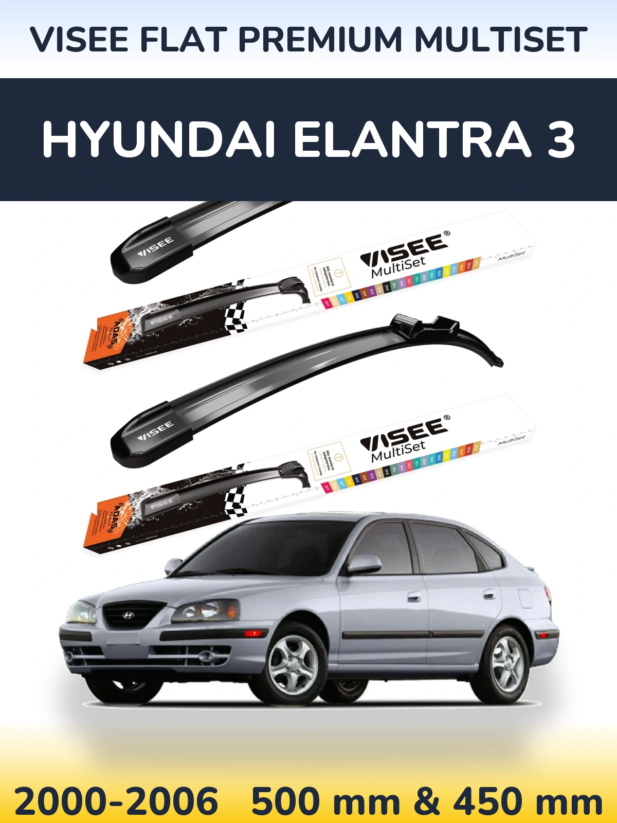 Front wiper blade set VISEE FLAT PREMIUM MultiSet 500 & 450 mm for Hyundai Elantra 3 2000-2006