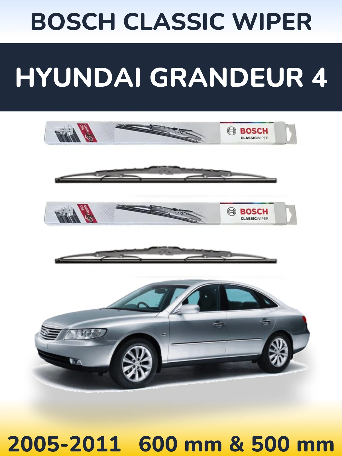 Front wiper blade set BOSCH Classic Wiper 600 & 500 mm for Hyundai Grandeur 4 2005-2011