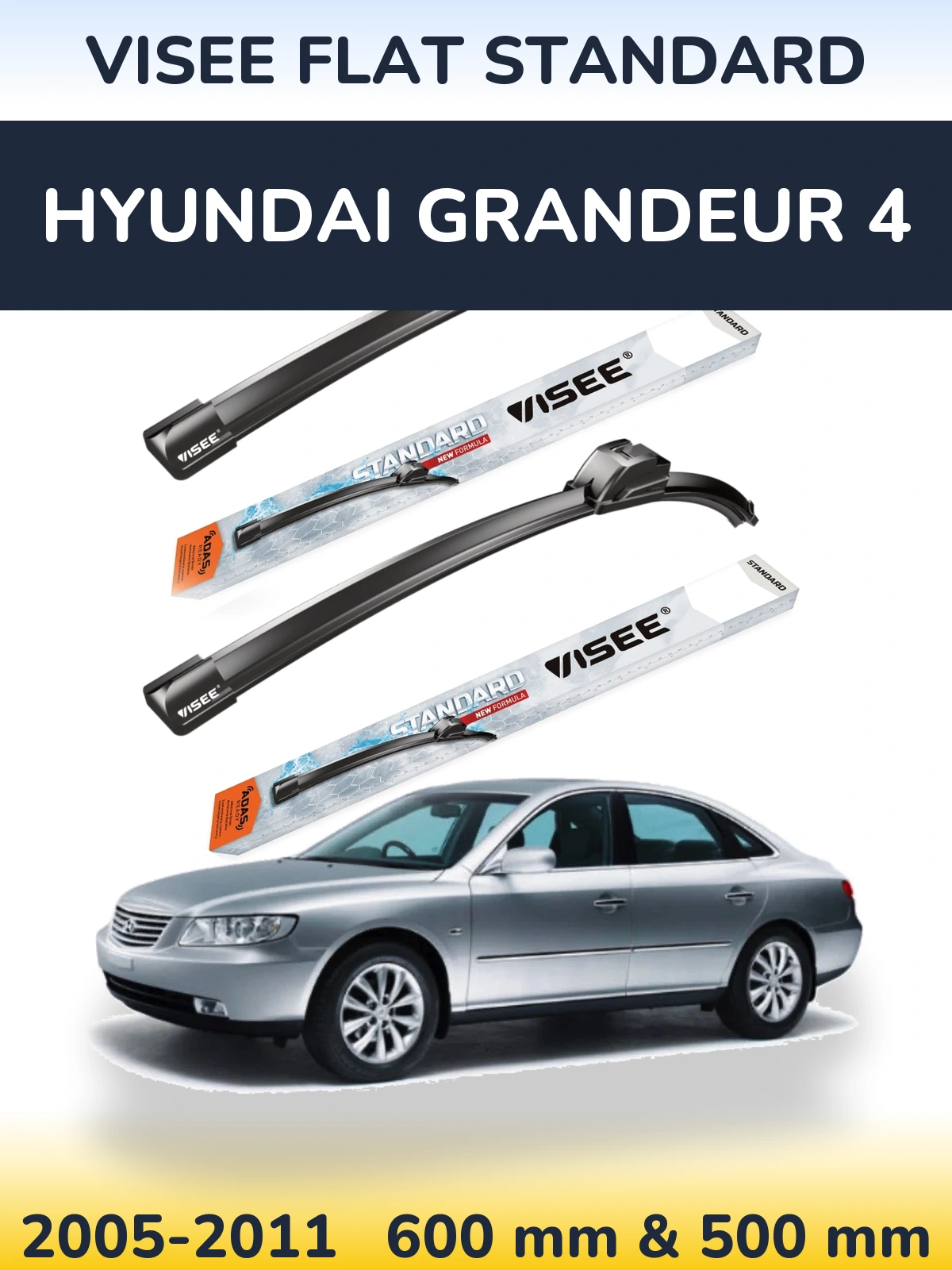 Комплект передних дворников VISEE FLAT STANDARD 600 & 500 мм для Hyundai Grandeur 4 2005-2011