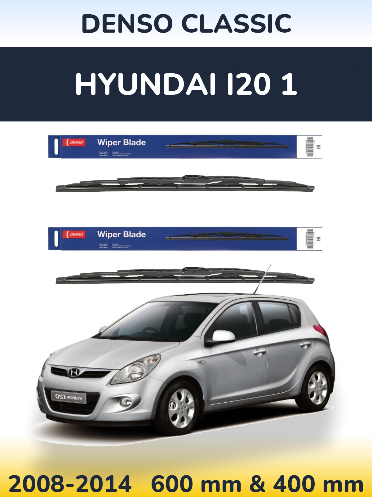 Front wiper blade set Denso Classic 600 & 400 mm for Hyundai i20 1 2008-2014