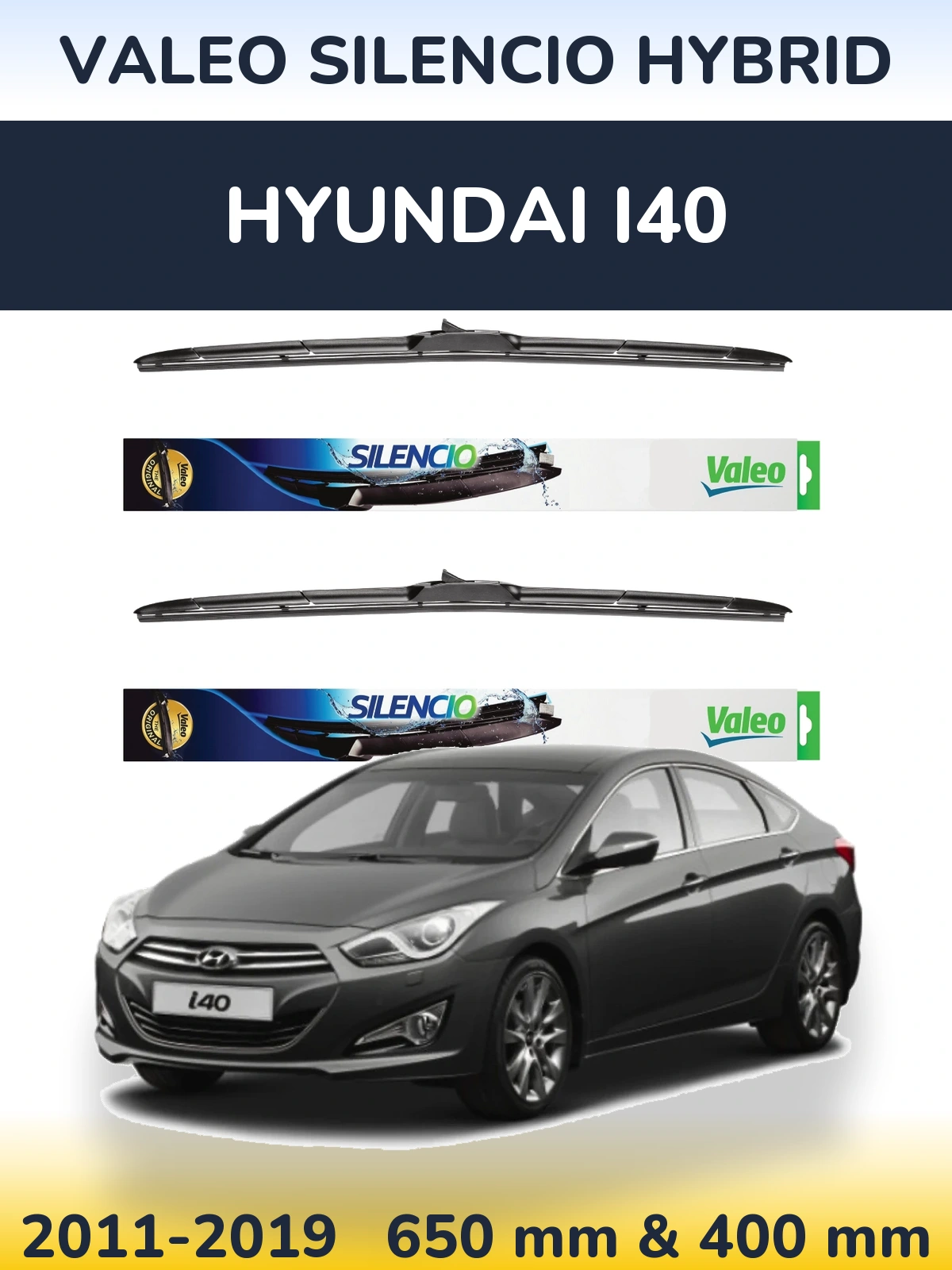 Front wiper blade set Valeo Silencio Hybrid 650 & 400 mm for Hyundai i40 2011-2019