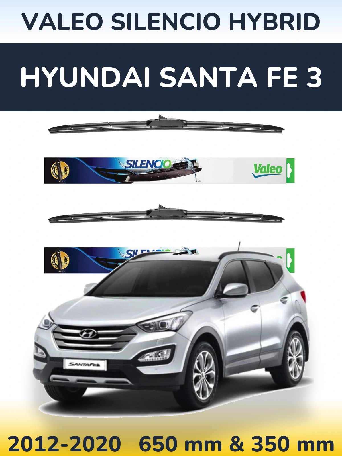 Front wiper blade set Valeo Silencio Hybrid 650 & 350 mm for Hyundai Santa Fe 3 2012-2020