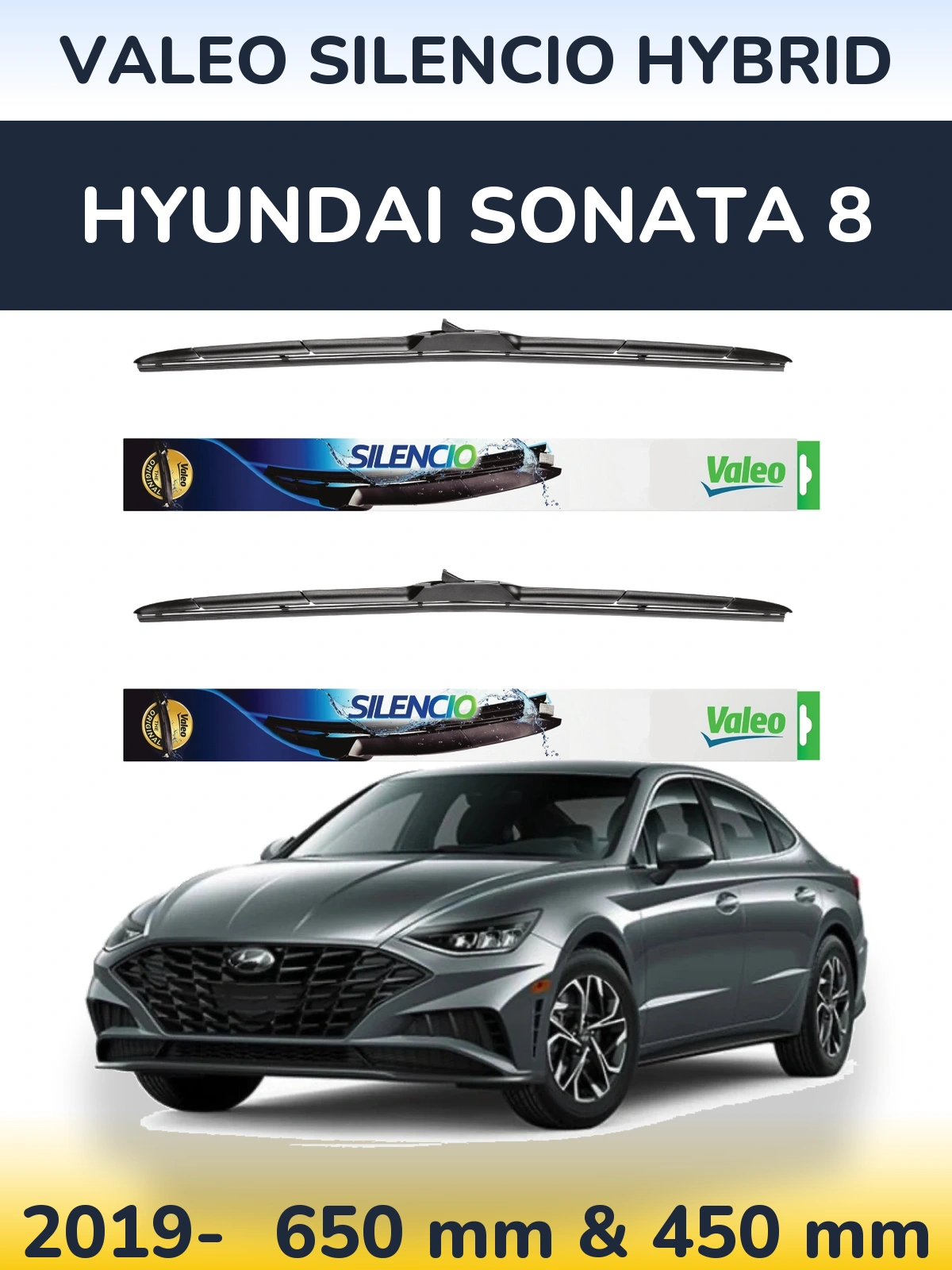 Front wiper blade set Valeo Silencio Hybrid 650 & 450 mm for Hyundai Sonata 8 2019-2026