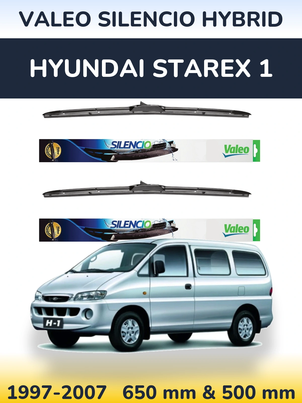 Front wiper blade set Valeo Silencio Hybrid 650 & 500 mm for Hyundai Starex 1 1997-2007