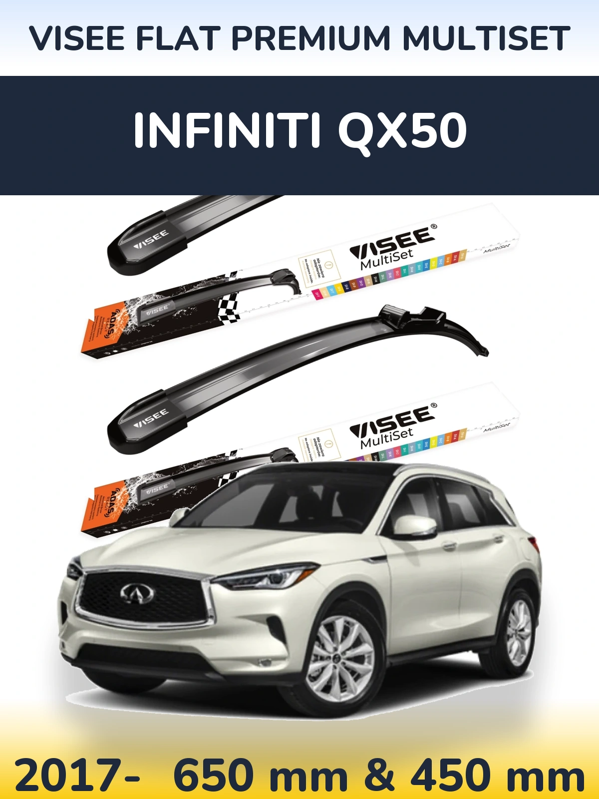 Front wiper blade set VISEE FLAT PREMIUM MultiSet 650 & 450 mm for Infiniti QX50 2017-2026
