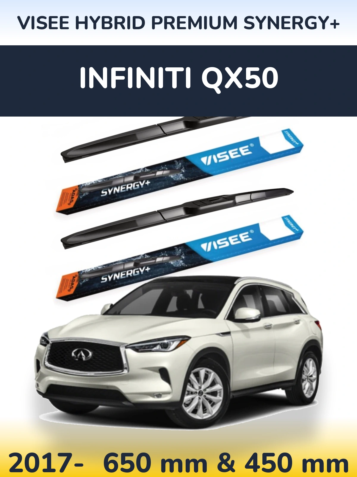 Комплект передних дворников VISEE HYBRID PREMIUM SYNERGY+ 650 & 450 мм для Infiniti QX50 2017-2026