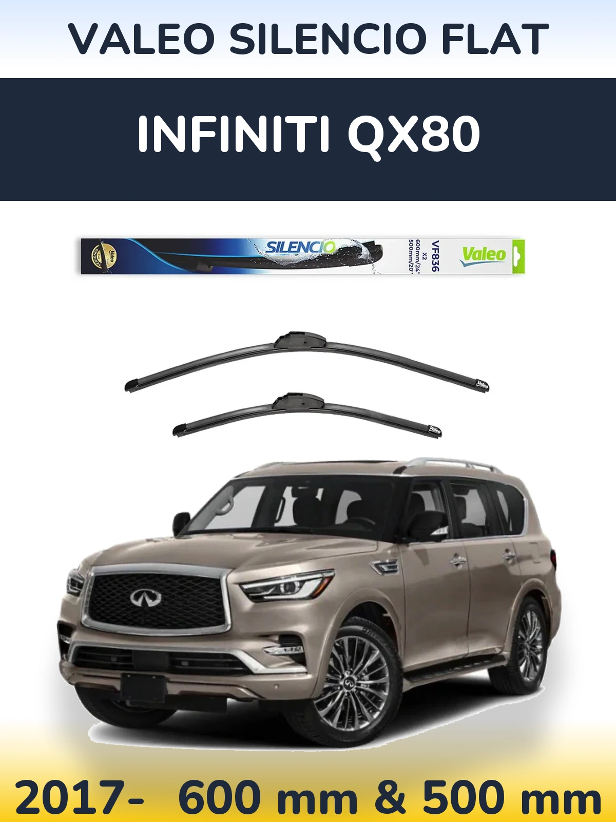 Front wiper blade set Valeo Silencio Flat 600 & 500 mm for Infiniti QX80 2017-2026