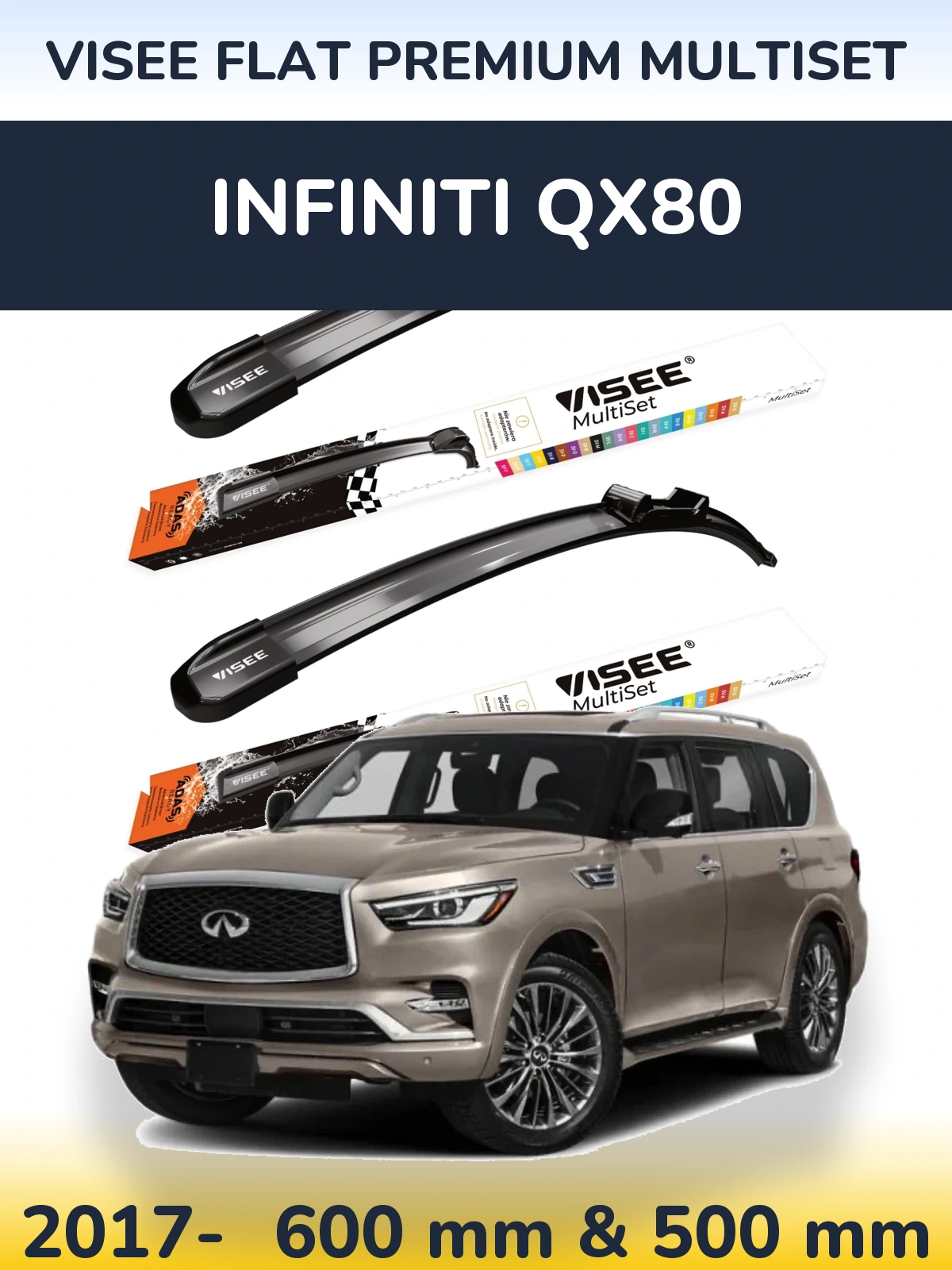 Front wiper blade set VISEE FLAT PREMIUM MultiSet 600 & 500 mm for Infiniti QX80 2017-2026