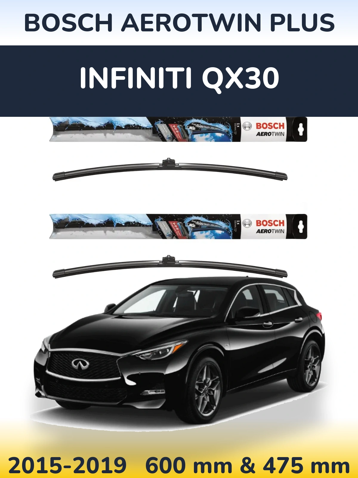 Front wiper blade set BOSCH AeroTwin Plus 600 & 475 mm for Infiniti QX30 2015-2019