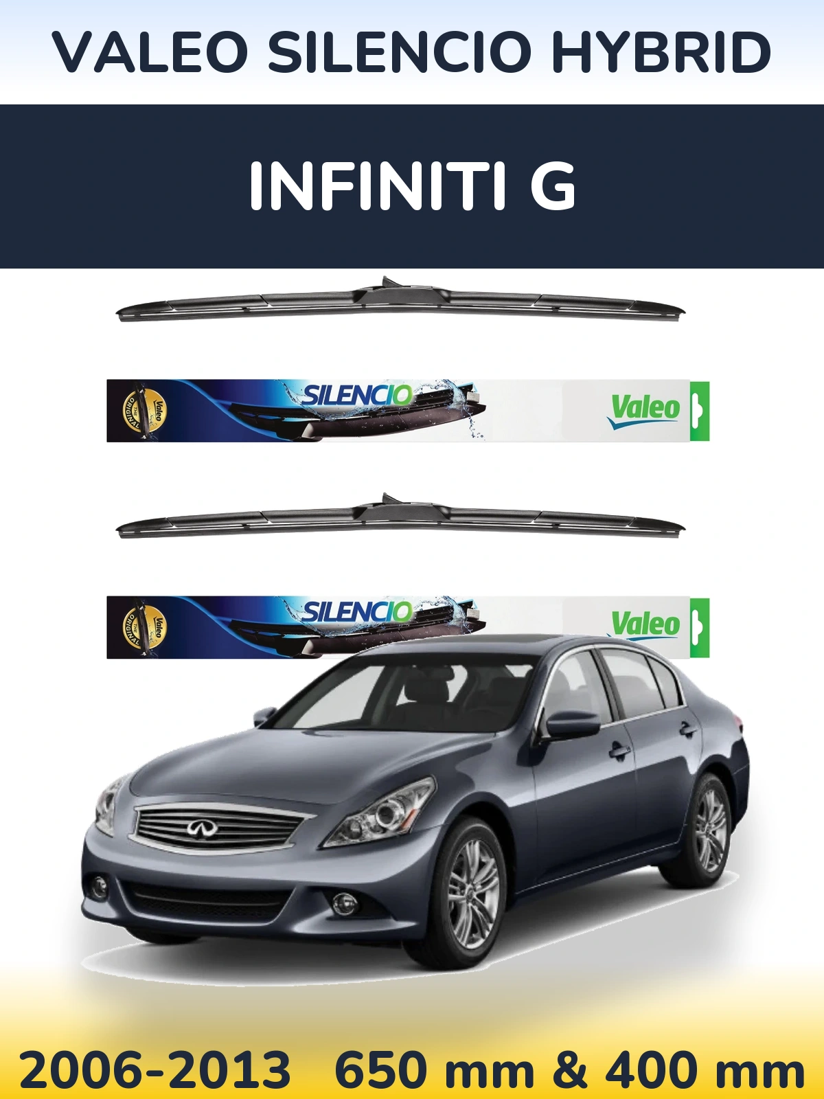 Front wiper blade set Valeo Silencio Hybrid 650 & 400 mm for Infiniti G 2006-2013