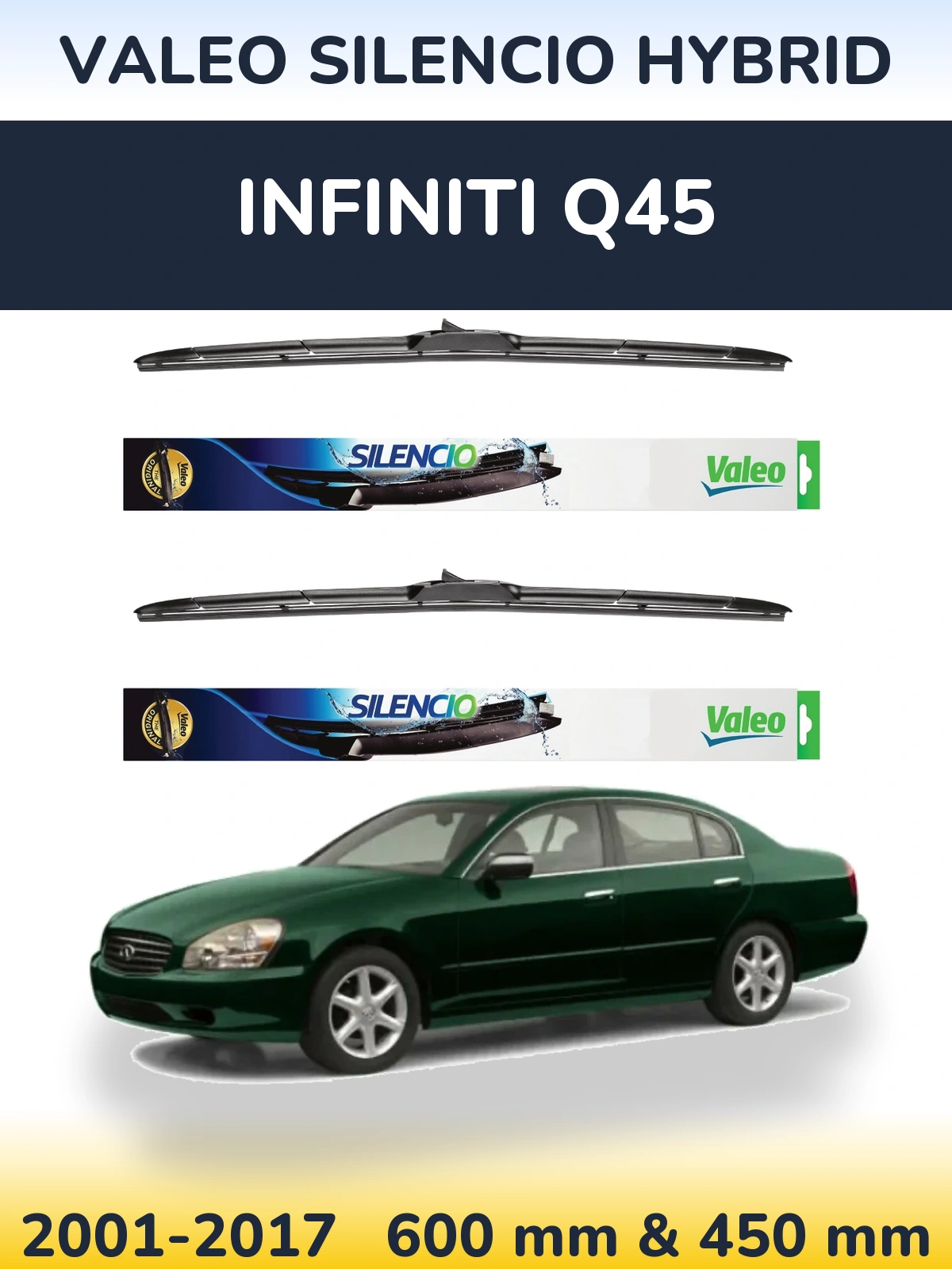 Front wiper blade set Valeo Silencio Hybrid 600 & 450 mm for Infiniti Q45 2001-2017