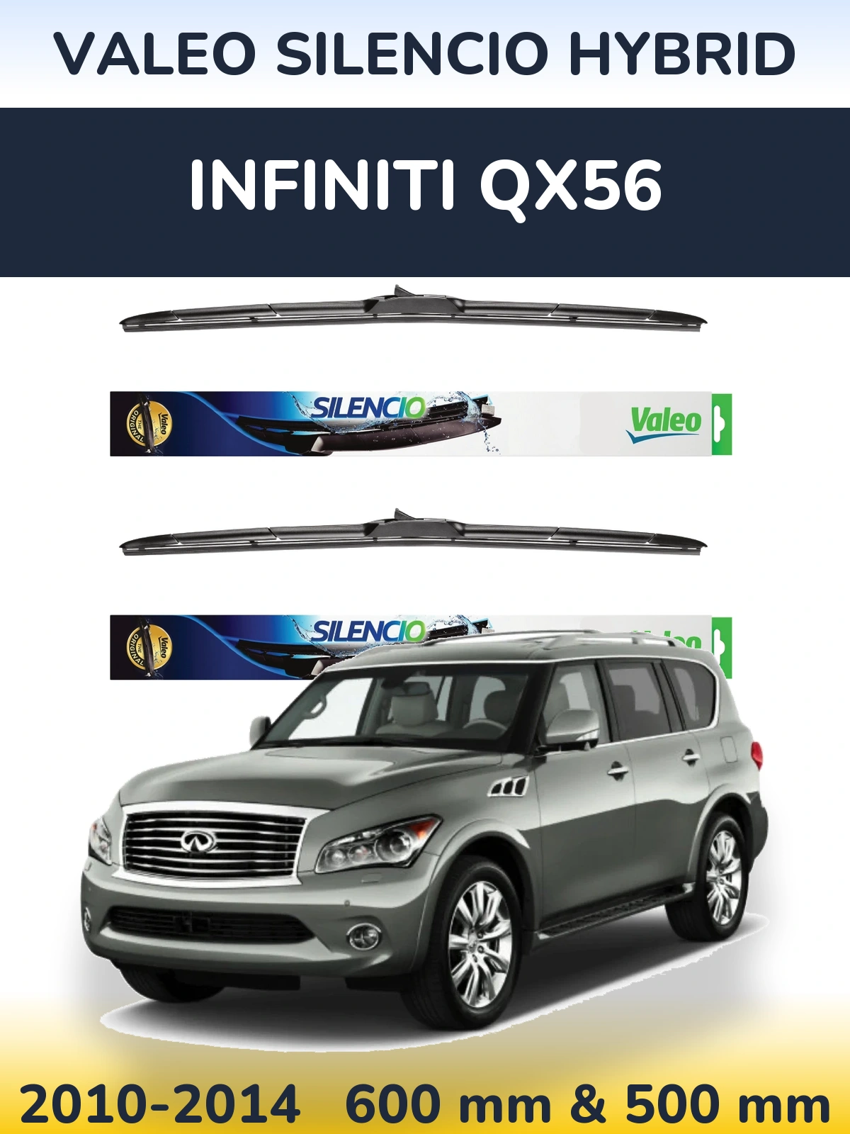 Front wiper blade set Valeo Silencio Hybrid 600 & 500 mm for Infiniti QX56 2010-2014