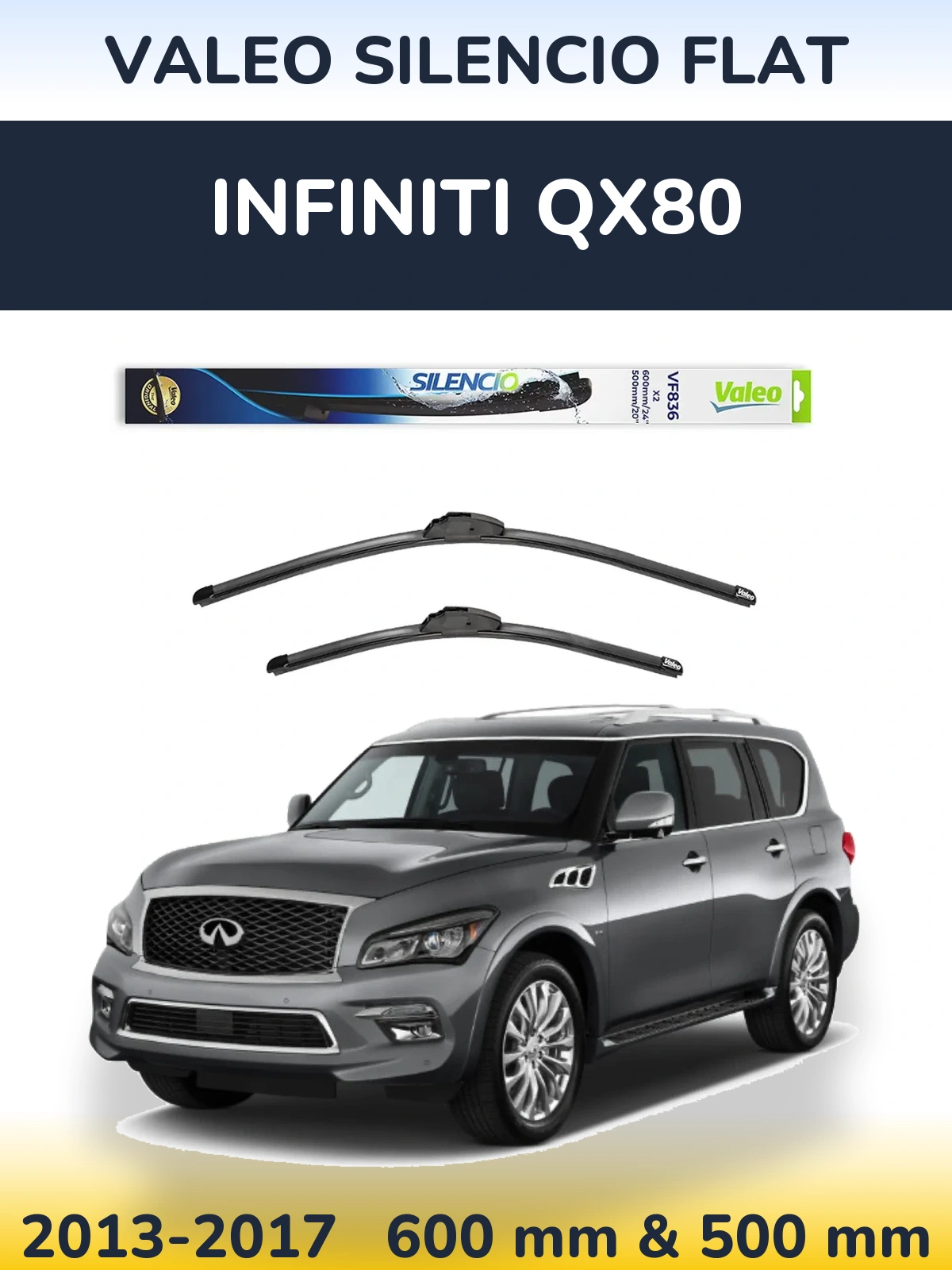 Front wiper blade set Valeo Silencio Flat 600 & 500 mm for Infiniti QX80 2013-2017