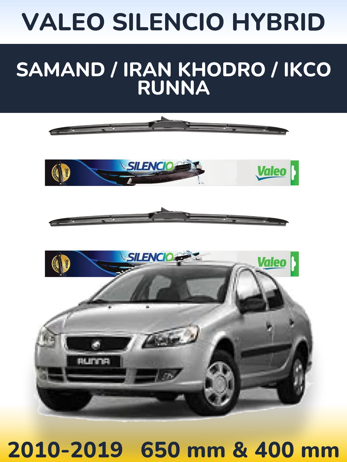 Front wiper blade set Valeo Silencio Hybrid 650 & 400 mm for Samand / Iran Khodro / IKCO Runna 2010-2019
