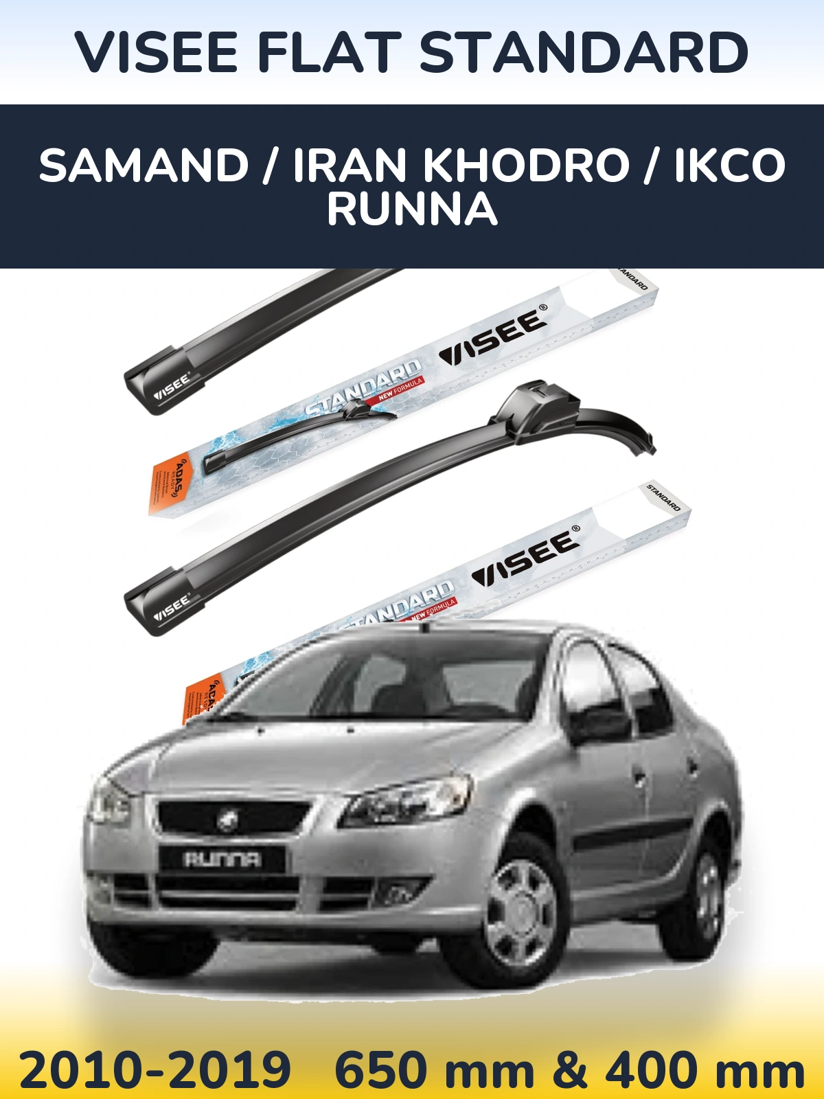 Front wiper blade set VISEE FLAT STANDARD 650 & 400 mm for Samand / Iran Khodro / IKCO Runna 2010-2019