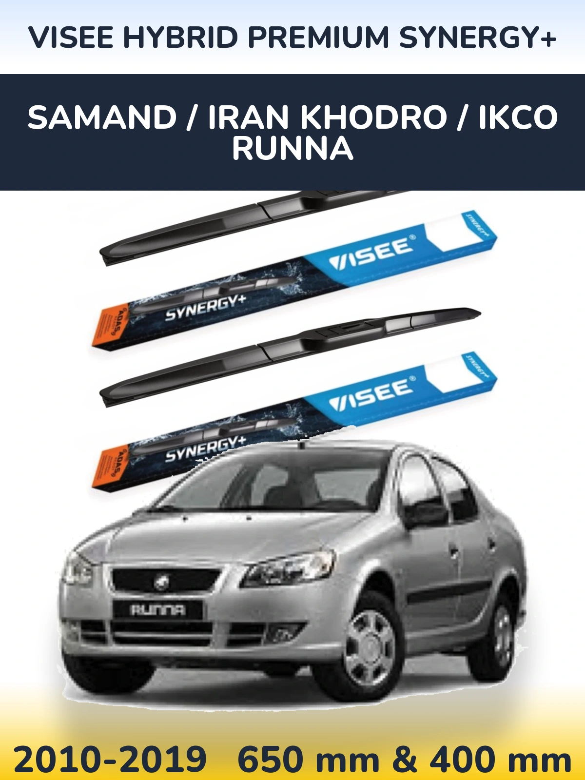 Front wiper blade set VISEE HYBRID PREMIUM SYNERGY+ 650 & 400 mm for Samand / Iran Khodro / IKCO Runna 2010-2019
