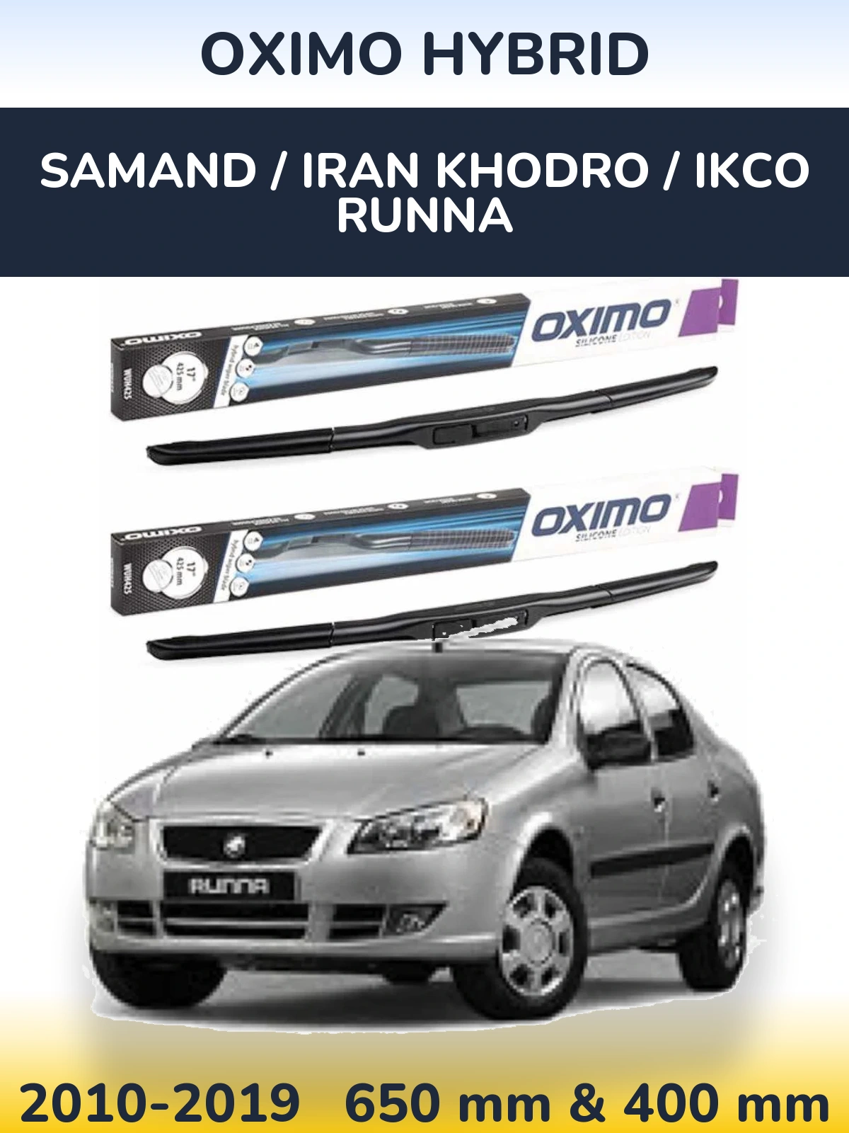 Front wiper blade set Oximo Hybrid 650 & 400 mm for Samand / Iran Khodro / IKCO Runna 2010-2019