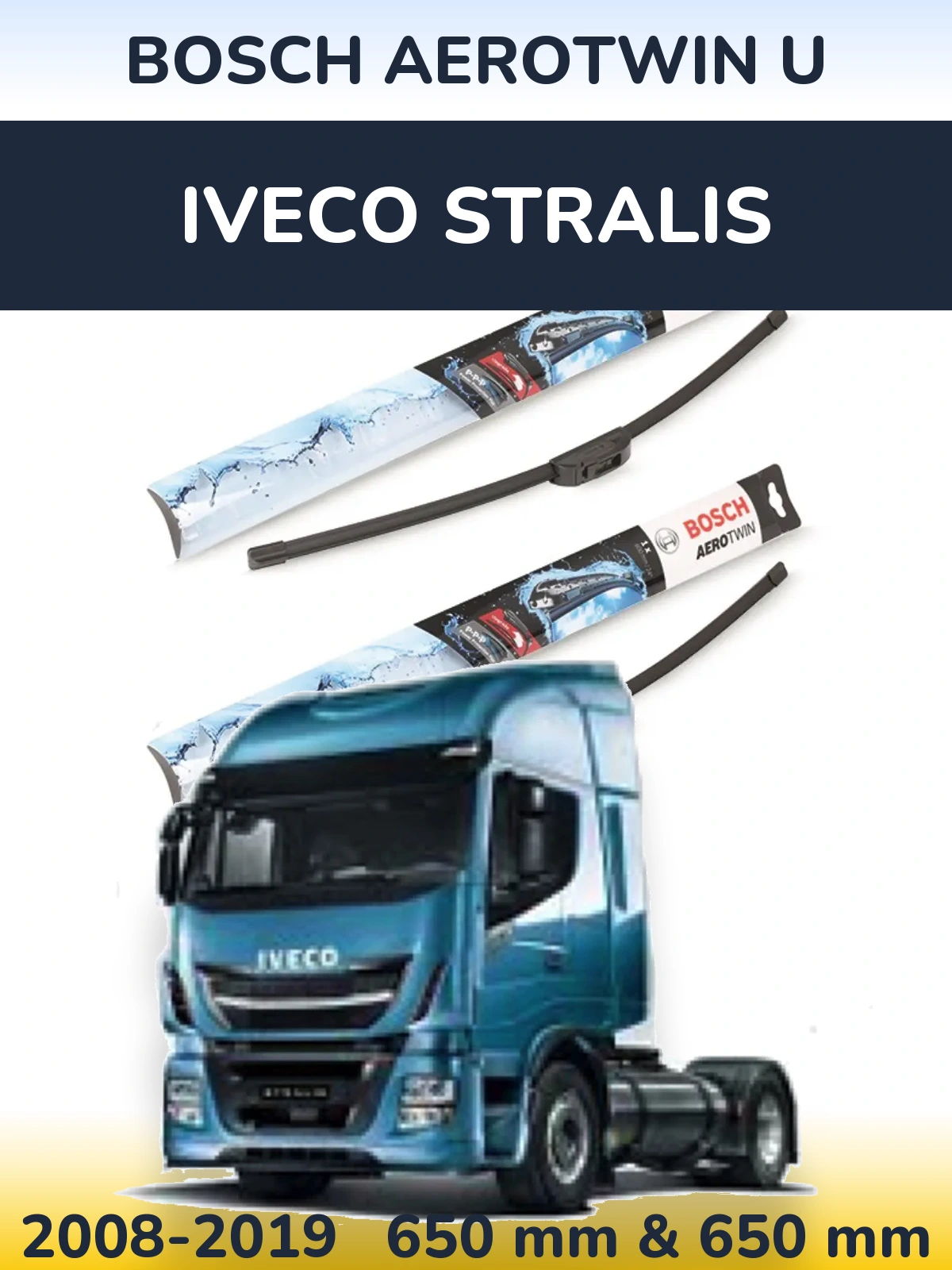 Front wiper blade set BOSCH AeroTwin U 650 & 650 mm for Iveco Stralis 2008-2019