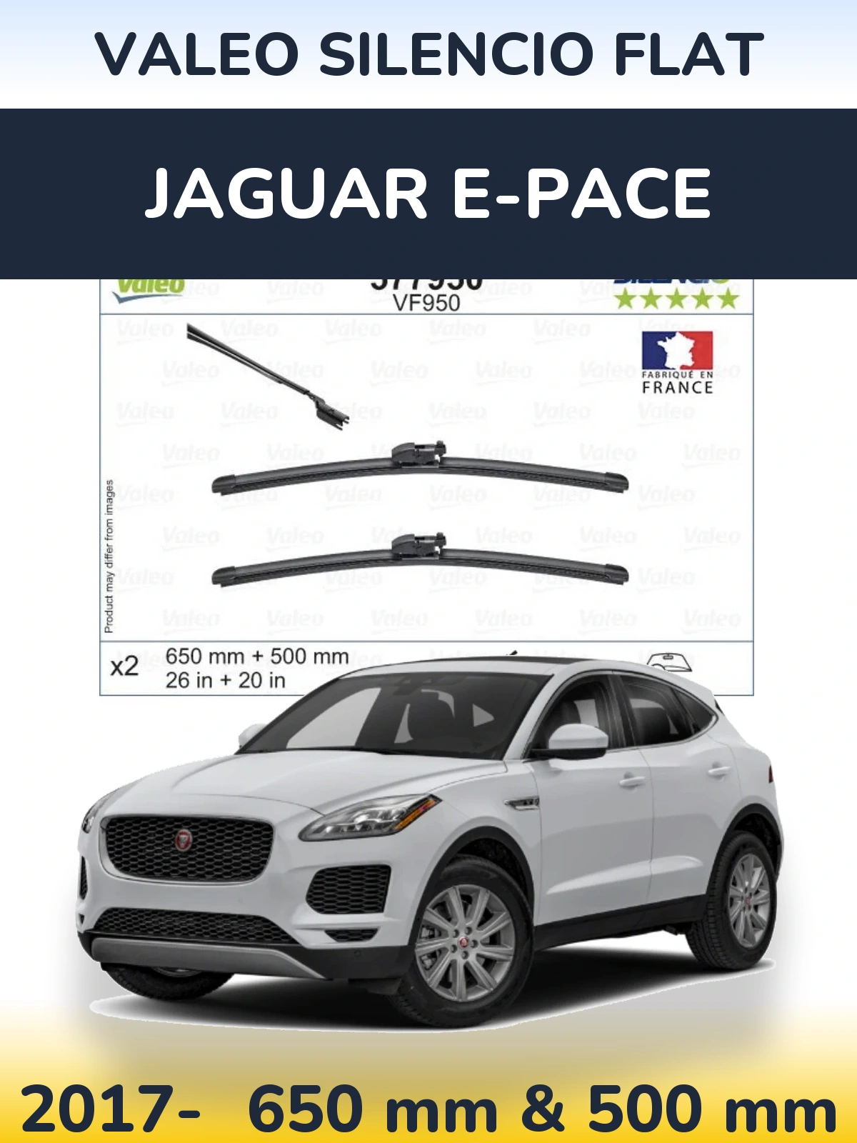 Front wiper blade set Valeo Silencio Flat 650 & 500 mm for Jaguar E-Pace 2017-2026