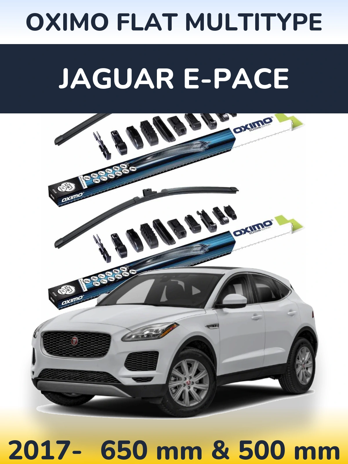 Front wiper blade set Oximo Flat MultiTipse 650 & 500 mm for Jaguar E-Pace 2017-2026