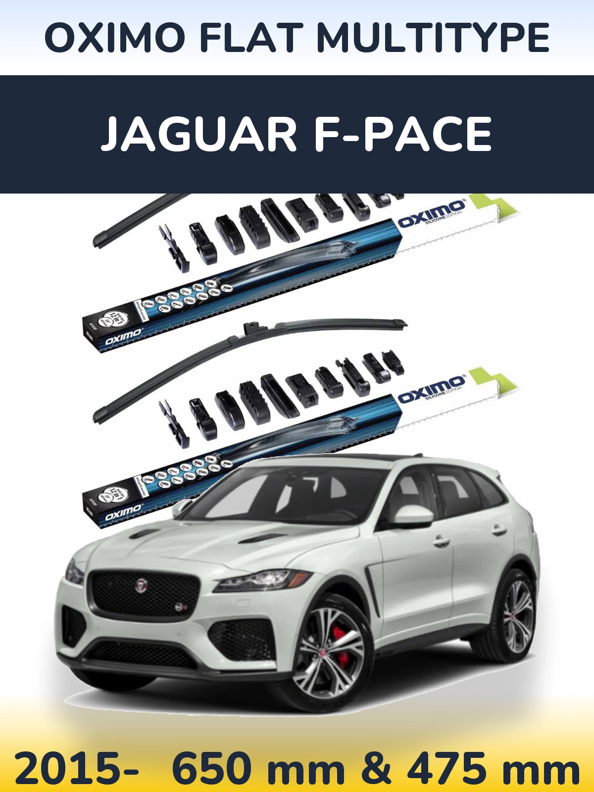 Front wiper blade set Oximo Flat MultiTipse 650 & 475 mm for Jaguar F-Pace 2015-2026