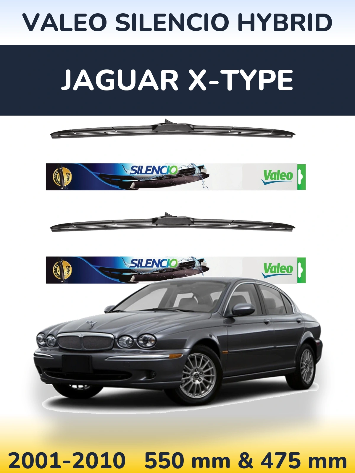 Front wiper blade set Valeo Silencio Hybrid 550 & 475 mm for Jaguar X-Typee 2001-2010