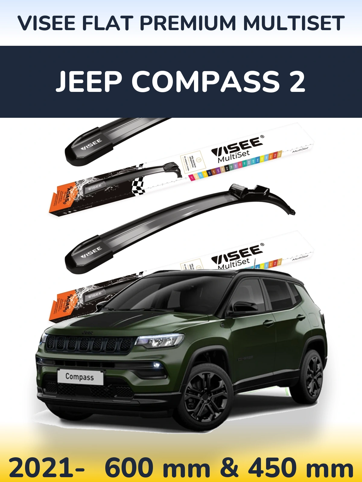 Front wiper blade set VISEE FLAT PREMIUM MultiSet 600 & 450 mm for Jeep Compass 2 2021-2026