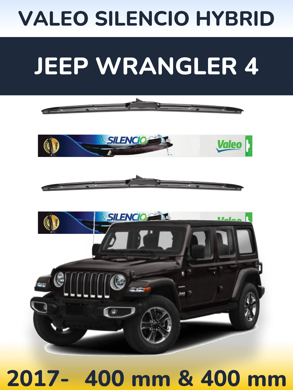 Front wiper blade set Valeo Silencio Hybrid 400 & 400 mm for Jeep Wrangler 4 2017-2026