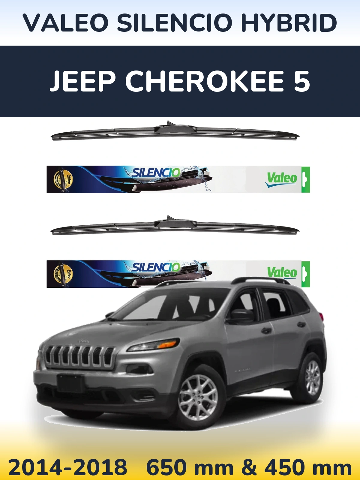 Комплект передніх щіток Valeo Silencio Hybrid 650 & 450 мм для Jeep Cherokee 5 2014-2018