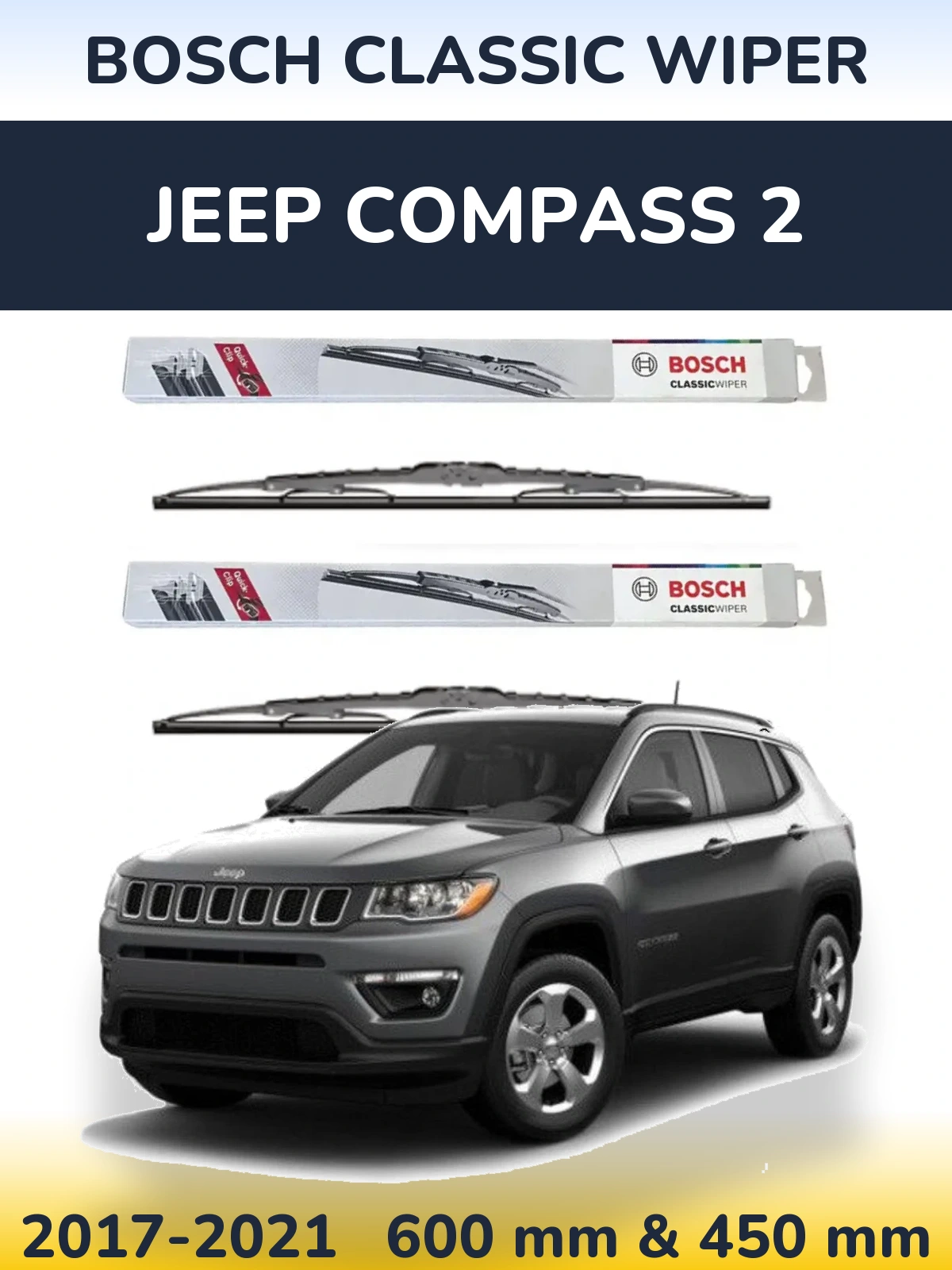 Front wiper blade set BOSCH Classic Wiper 600 & 450 mm for Jeep Compass 2 2017-2021