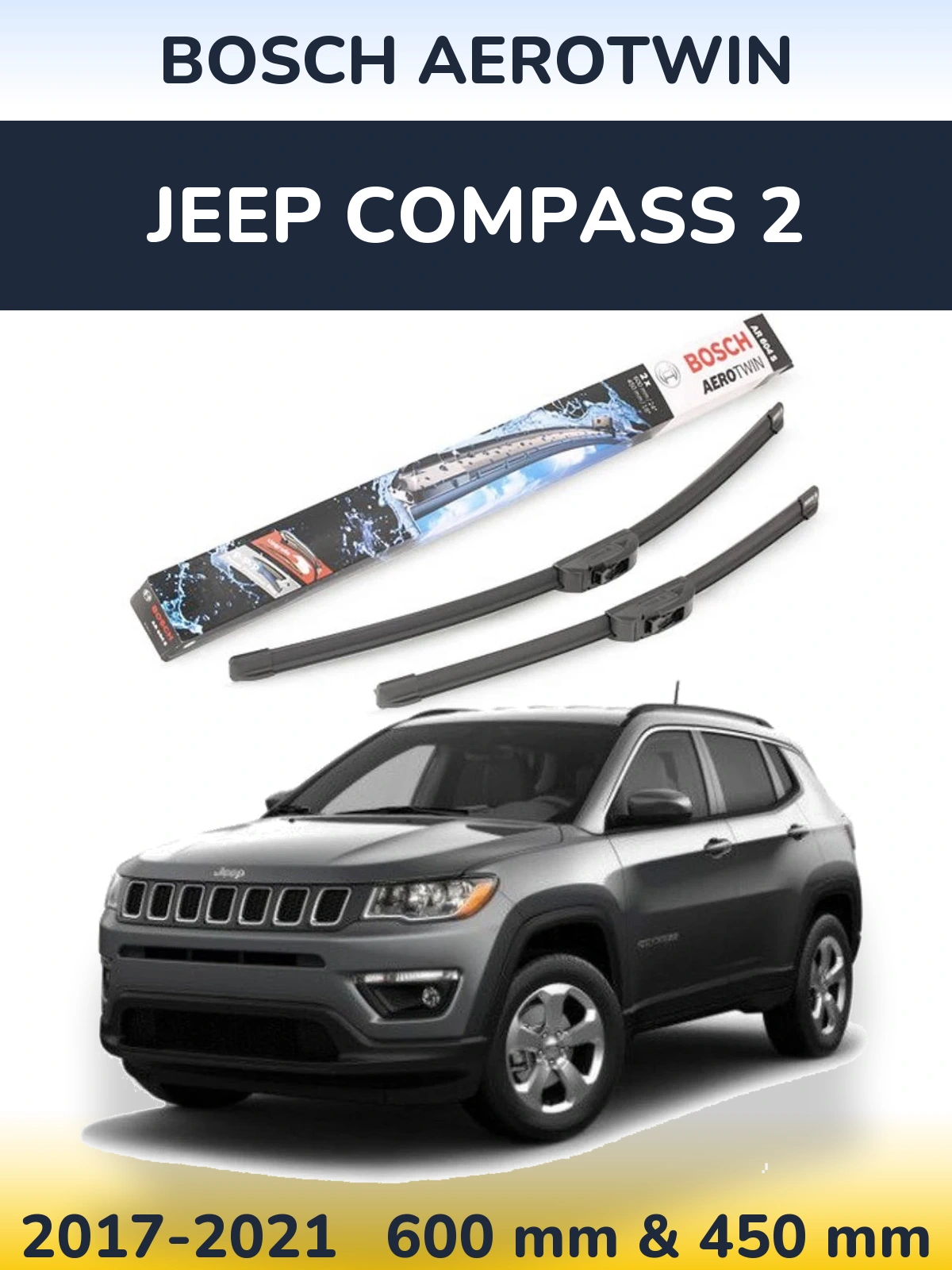 Front wiper blade set BOSCH AeroTwin 600 & 450 mm for Jeep Compass 2 2017-2021