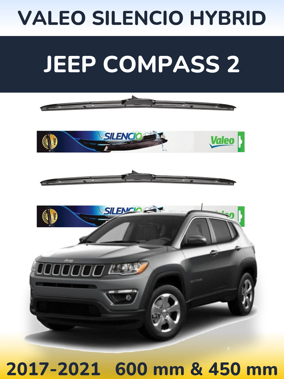 Комплект передних дворников Valeo Silencio Hybrid 600 & 450 мм для Jeep Compass 2 2017-2021