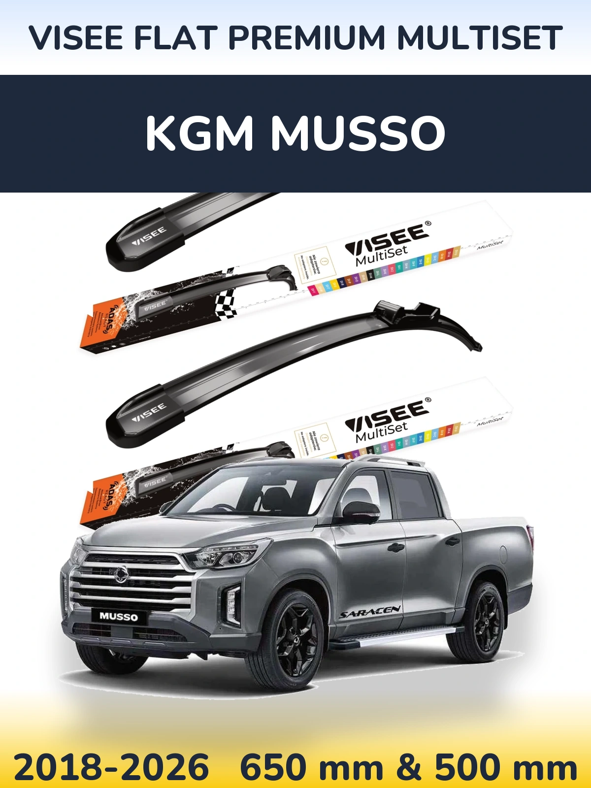 Front wiper blade set VISEE FLAT PREMIUM MultiSet 650 & 500 mm for KGM Musso 2018-2026