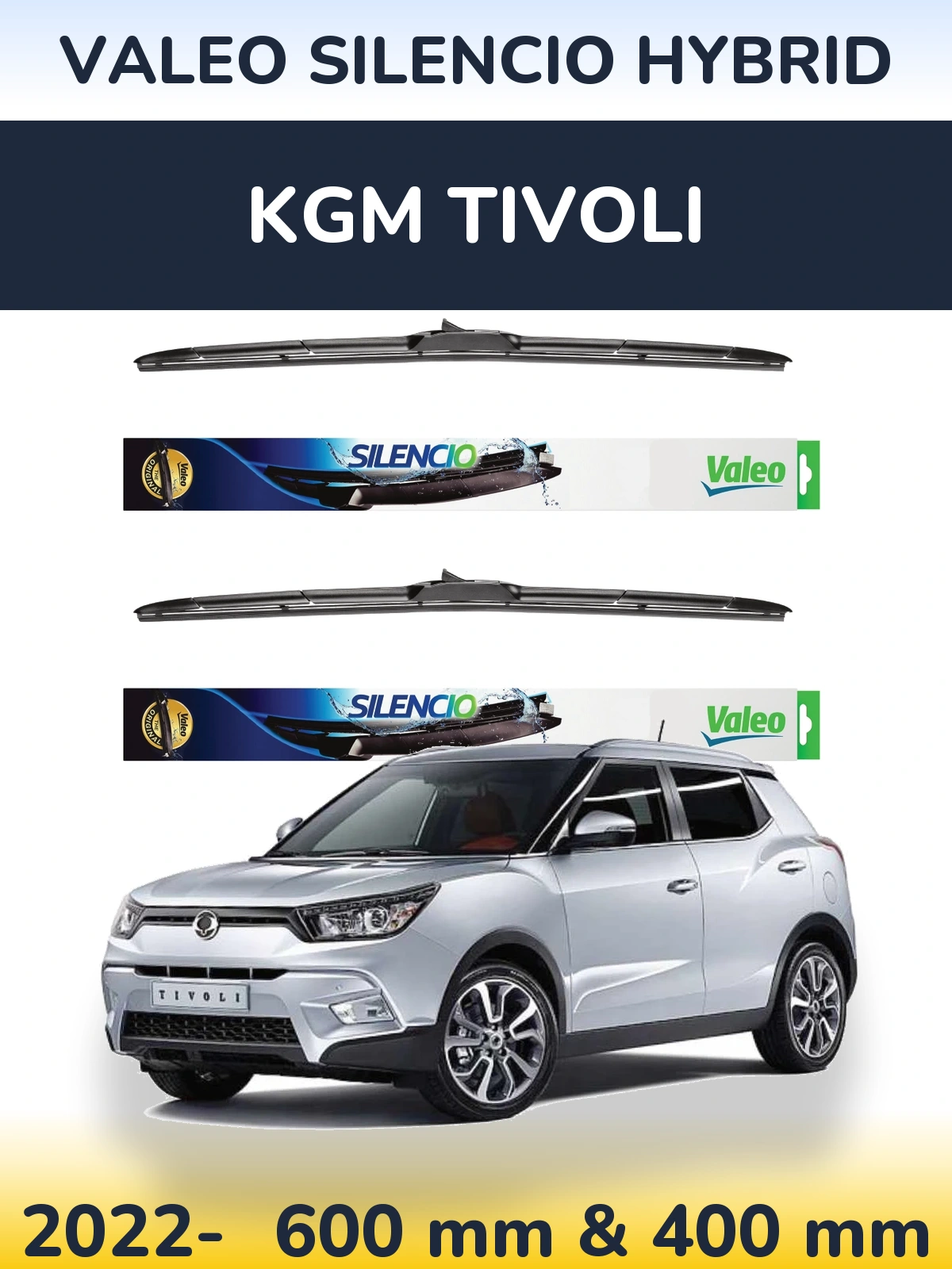 Front wiper blade set Valeo Silencio Hybrid 600 & 400 mm for KGM Tivoli 2022-2026