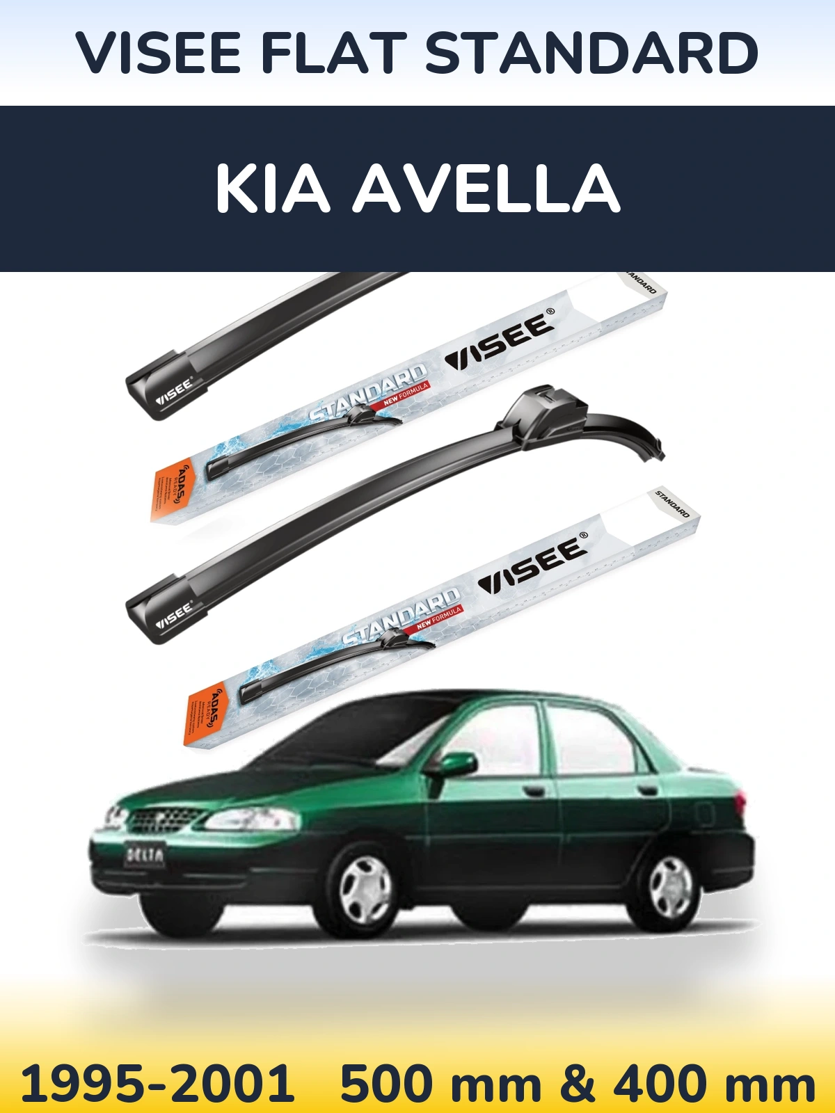 Front wiper blade set VISEE FLAT STANDARD 500 & 400 mm for KIA Avella 1995-2001