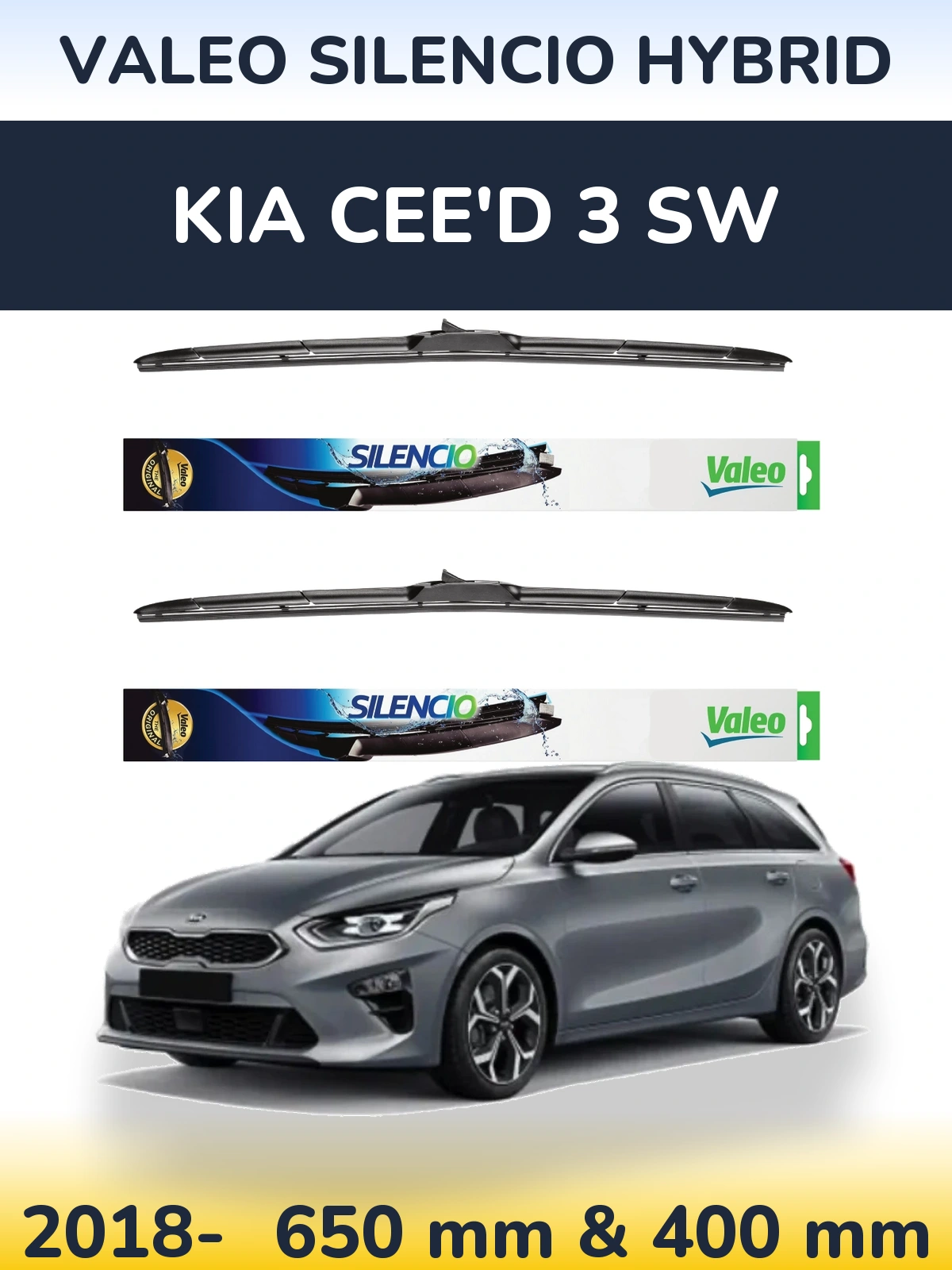 Front wiper blade set Valeo Silencio Hybrid 650 & 400 mm for KIA Cee'd 3 SW 2018-2026