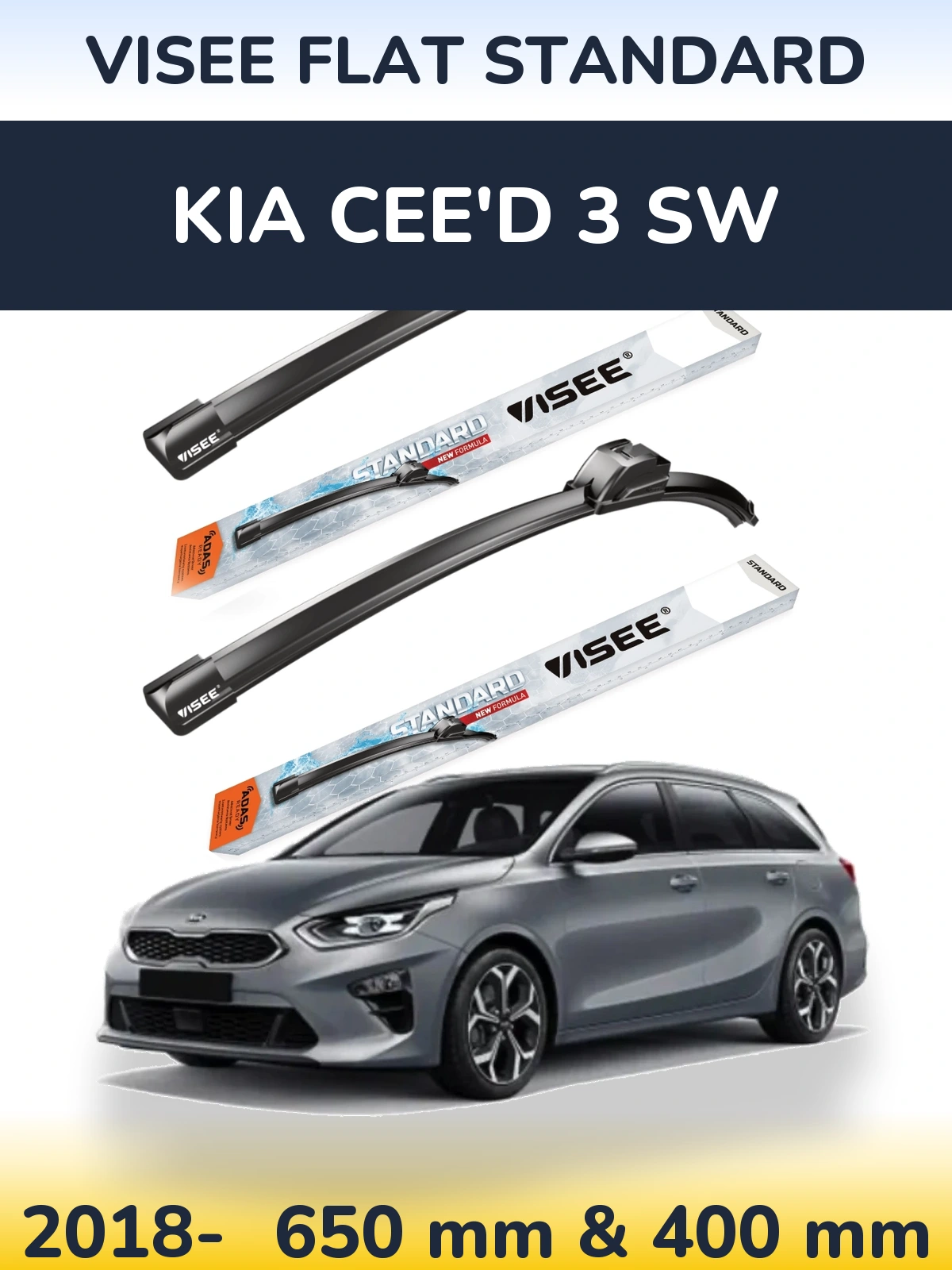Front wiper blade set VISEE FLAT STANDARD 650 & 400 mm for KIA Cee'd 3 SW 2018-2026