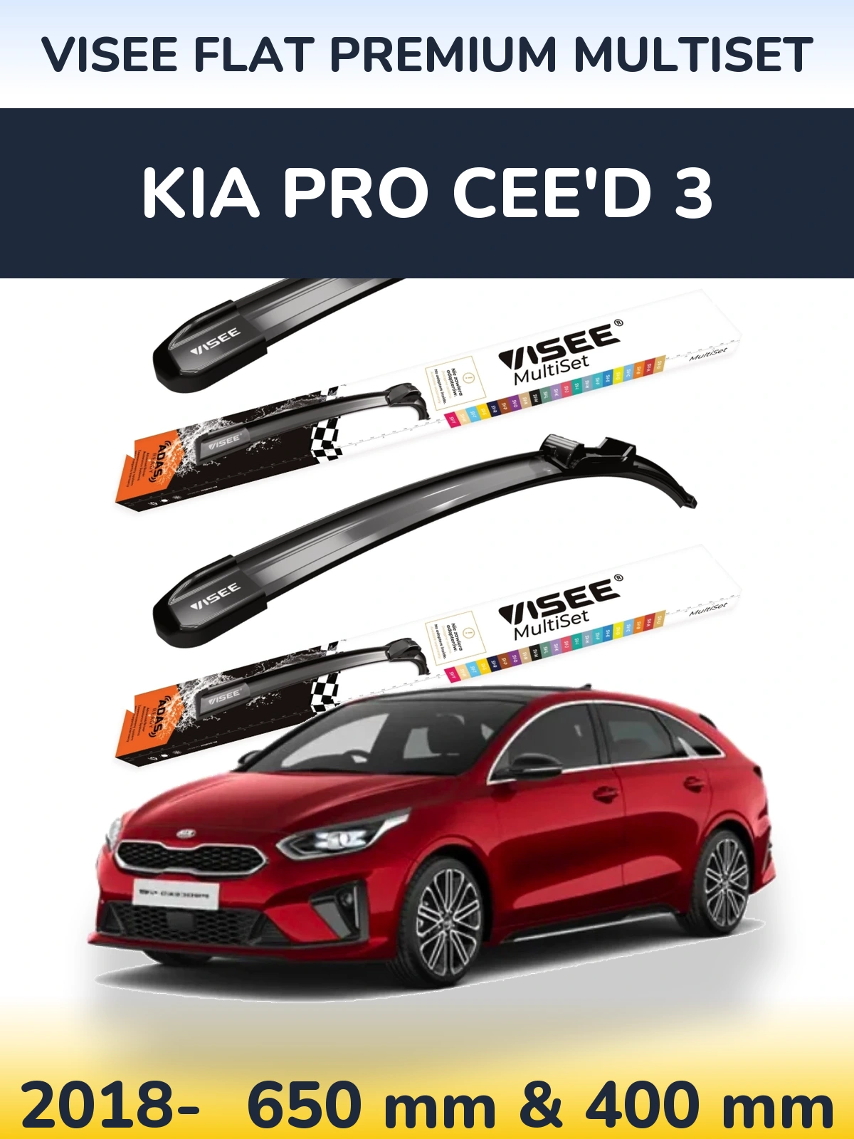 Front wiper blade set VISEE FLAT PREMIUM MultiSet 650 & 400 mm for KIA Pro Cee'd 3 2018-2026