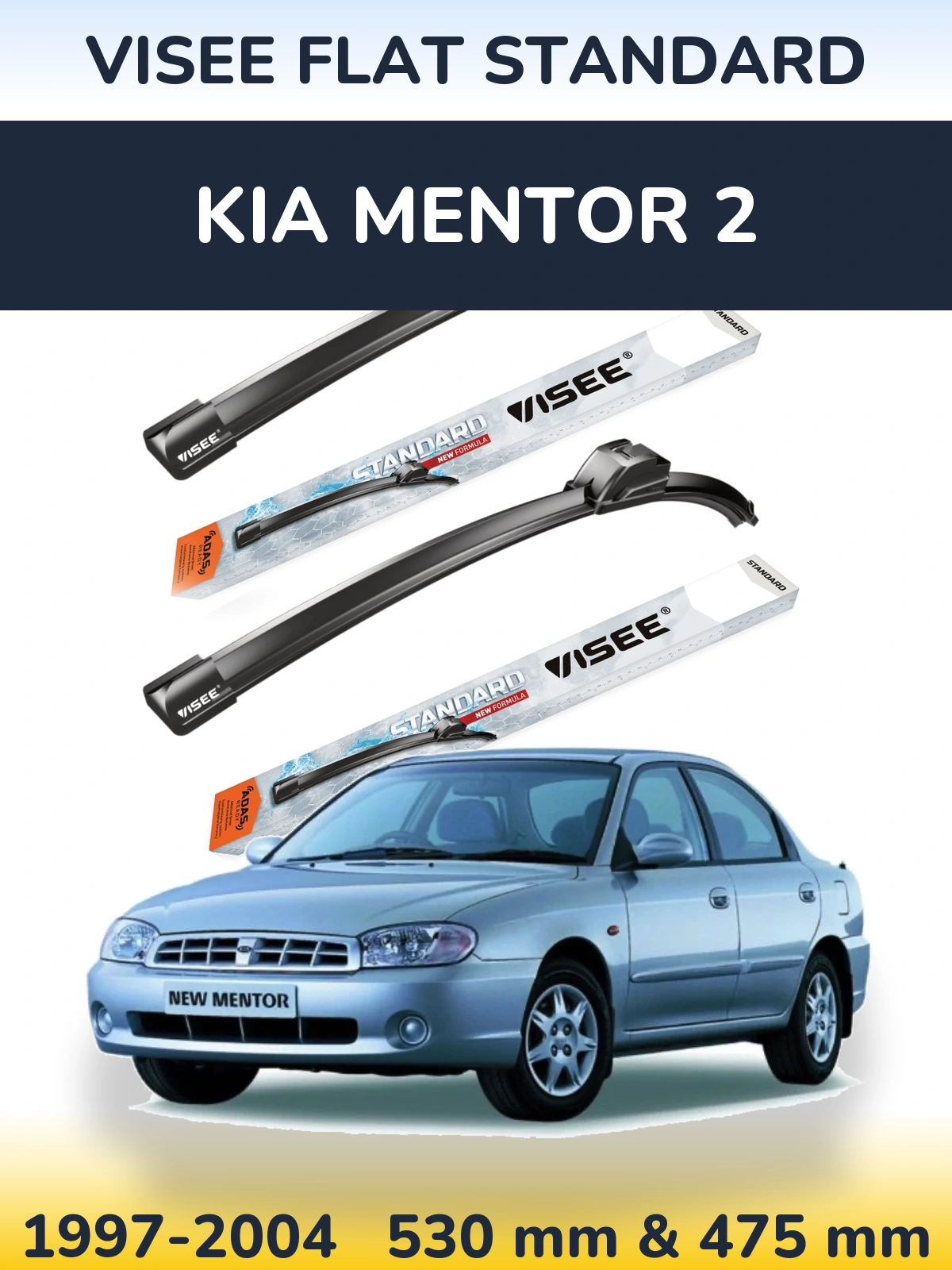 Front wiper blade set VISEE FLAT STANDARD 530 & 475 mm for KIA Mentor 2 1997-2004