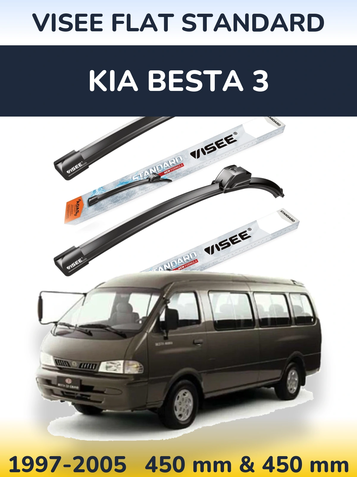Front wiper blade set VISEE FLAT STANDARD 450 & 450 mm for KIA Besta 3 1997-2005