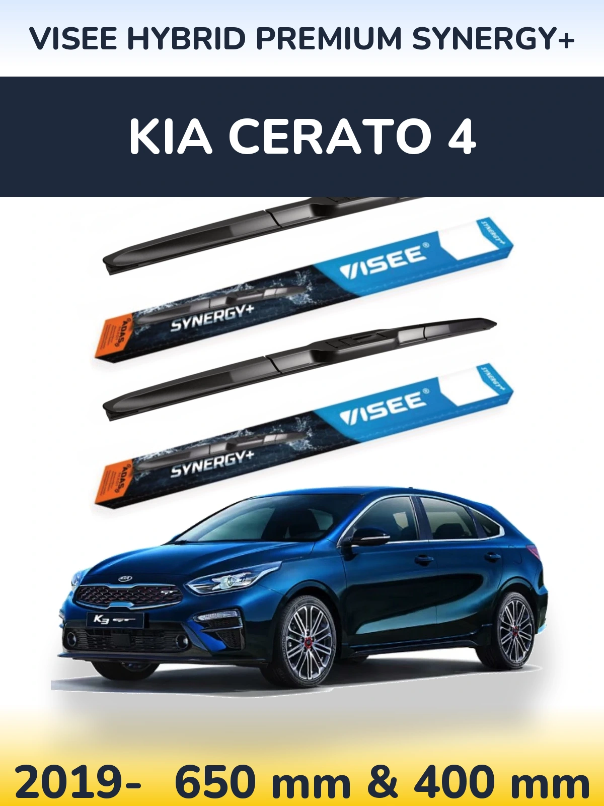 Front wiper blade set VISEE HYBRID PREMIUM SYNERGY+ 650 & 400 mm for KIA Cerato 4 2019-2026