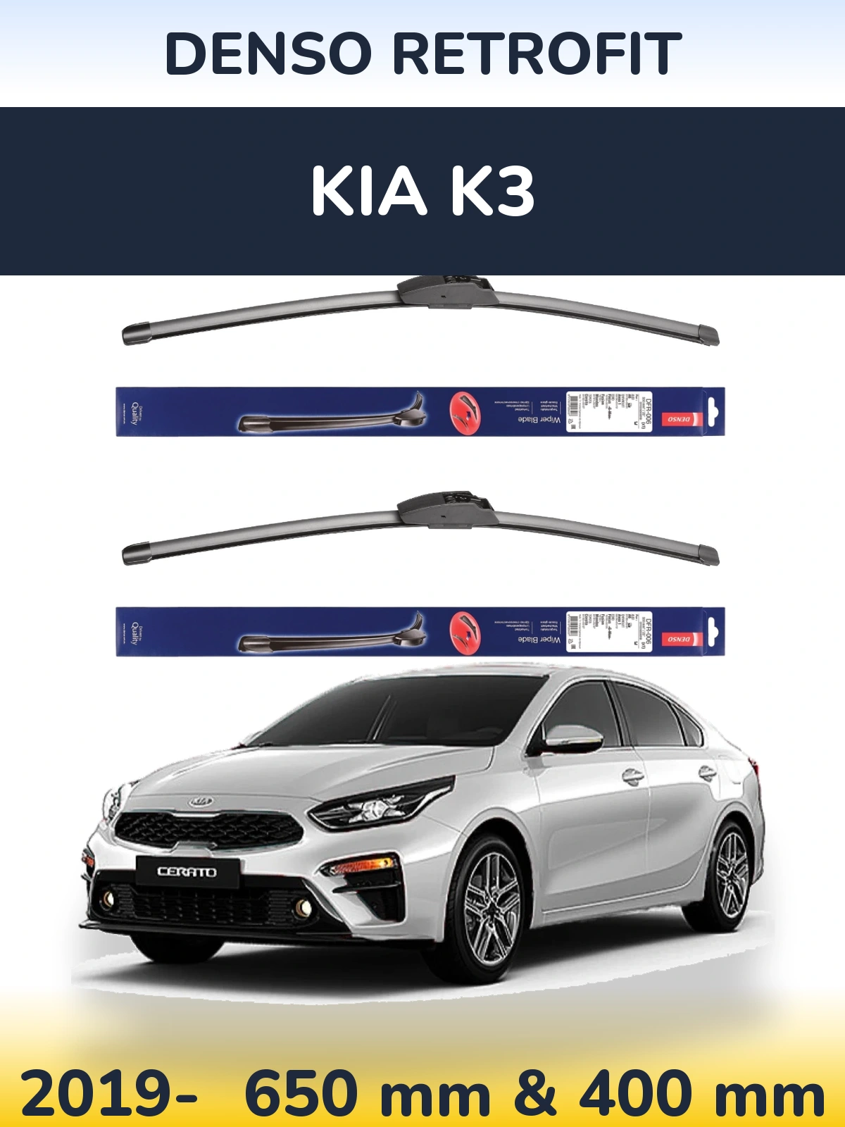 Front wiper blade set Denso Retrofit 650 & 400 mm for KIA K3 2019-2026